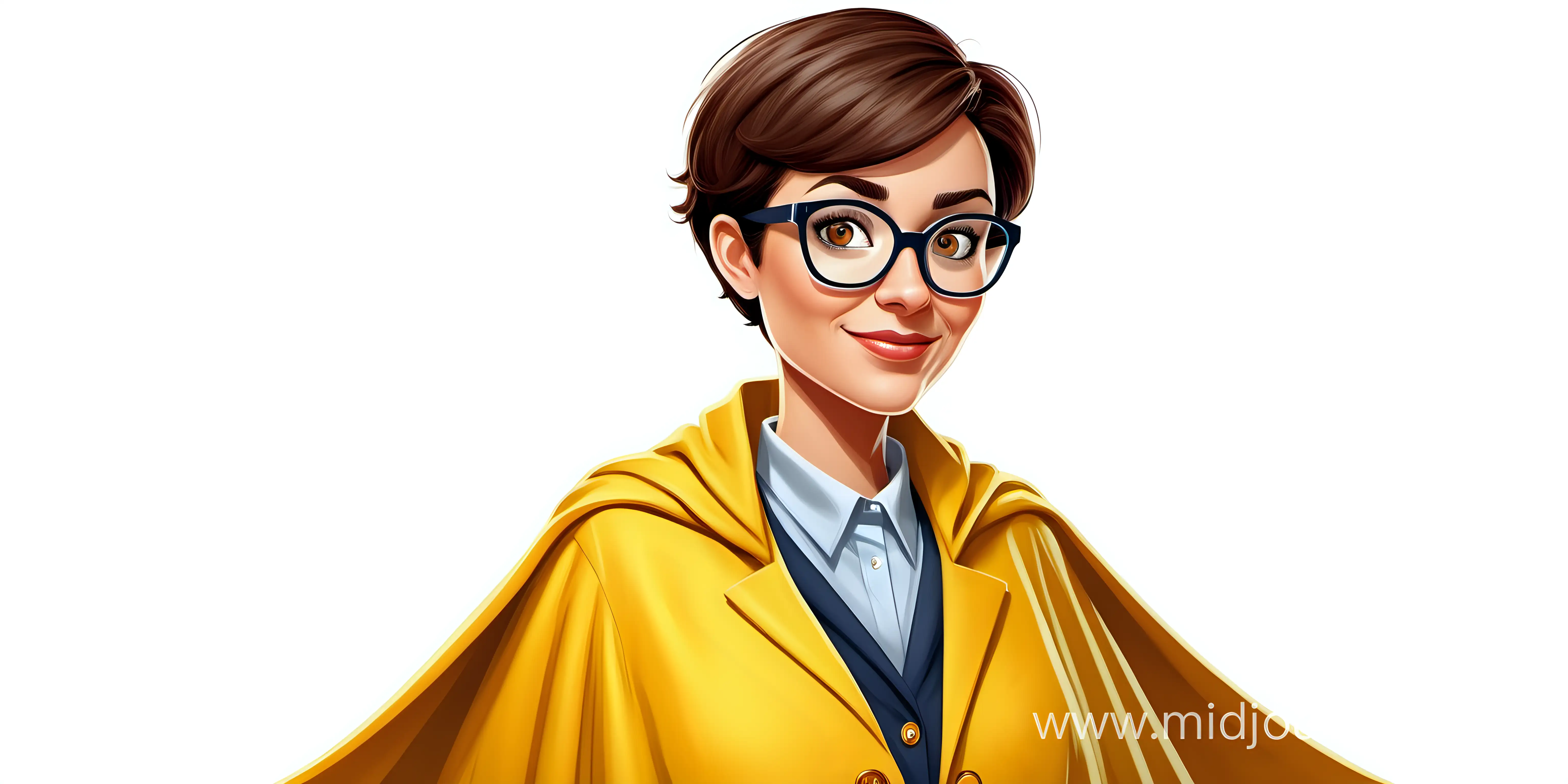 white background, cartoon character of a professional woman with short brown hair wearing glasses and a yellow blazer and a hero cape with a pleasant expression 

