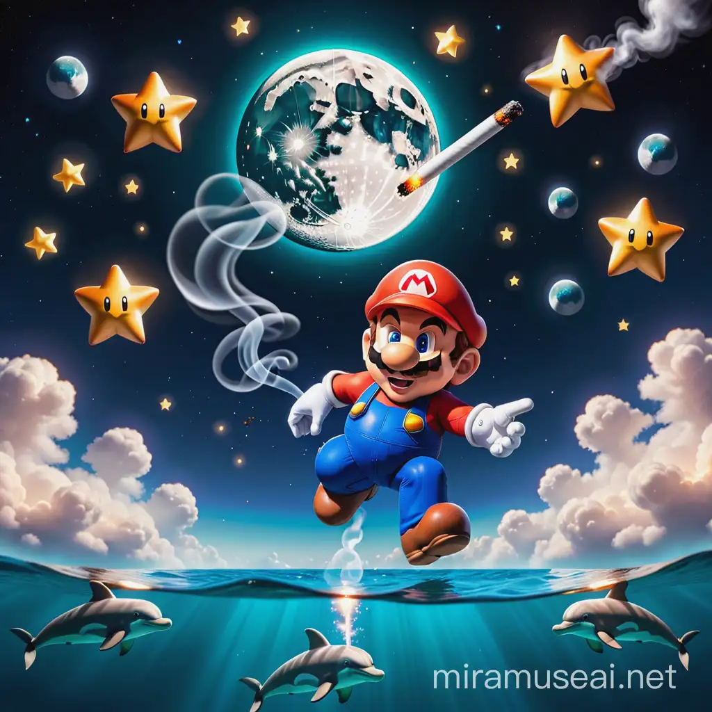 super mario smoking, stars, dolphins floating in air, stars, moon
