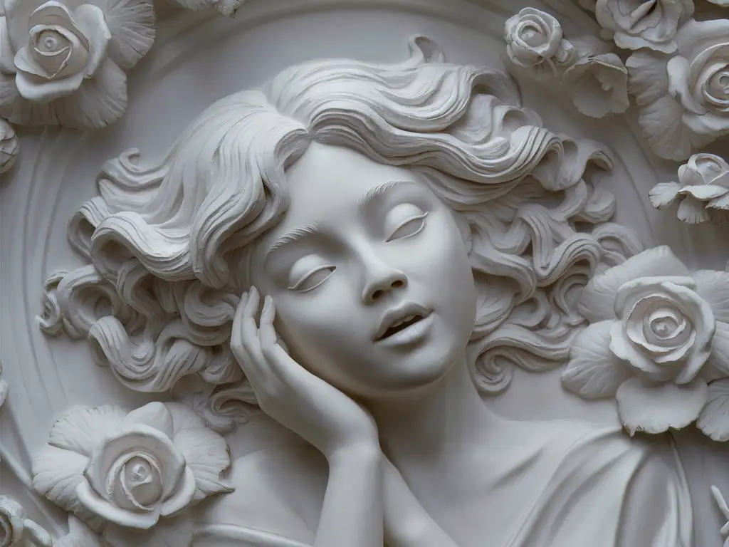 Dreamy-Woman-BasRelief-Sculpture-with-Flowing-Hair-and-Roses