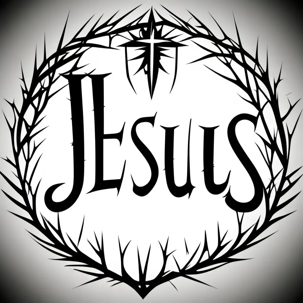 JESUS letters, Inside round thorn crown, black thick outline