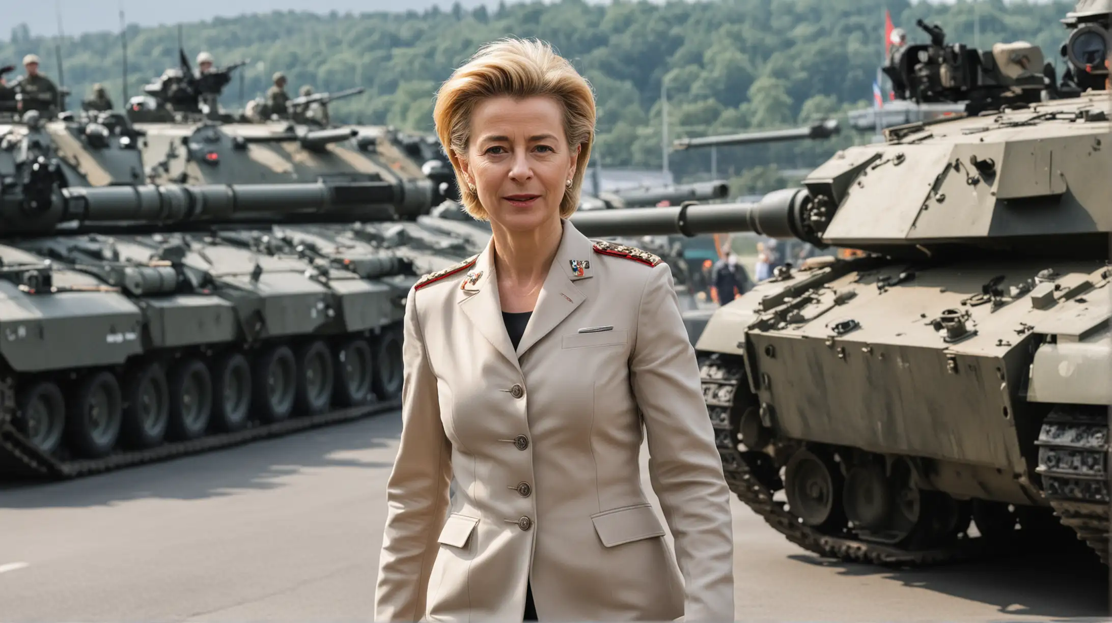 Ursula von der Leyen
dressed in a military uniform in front of tanks on the road