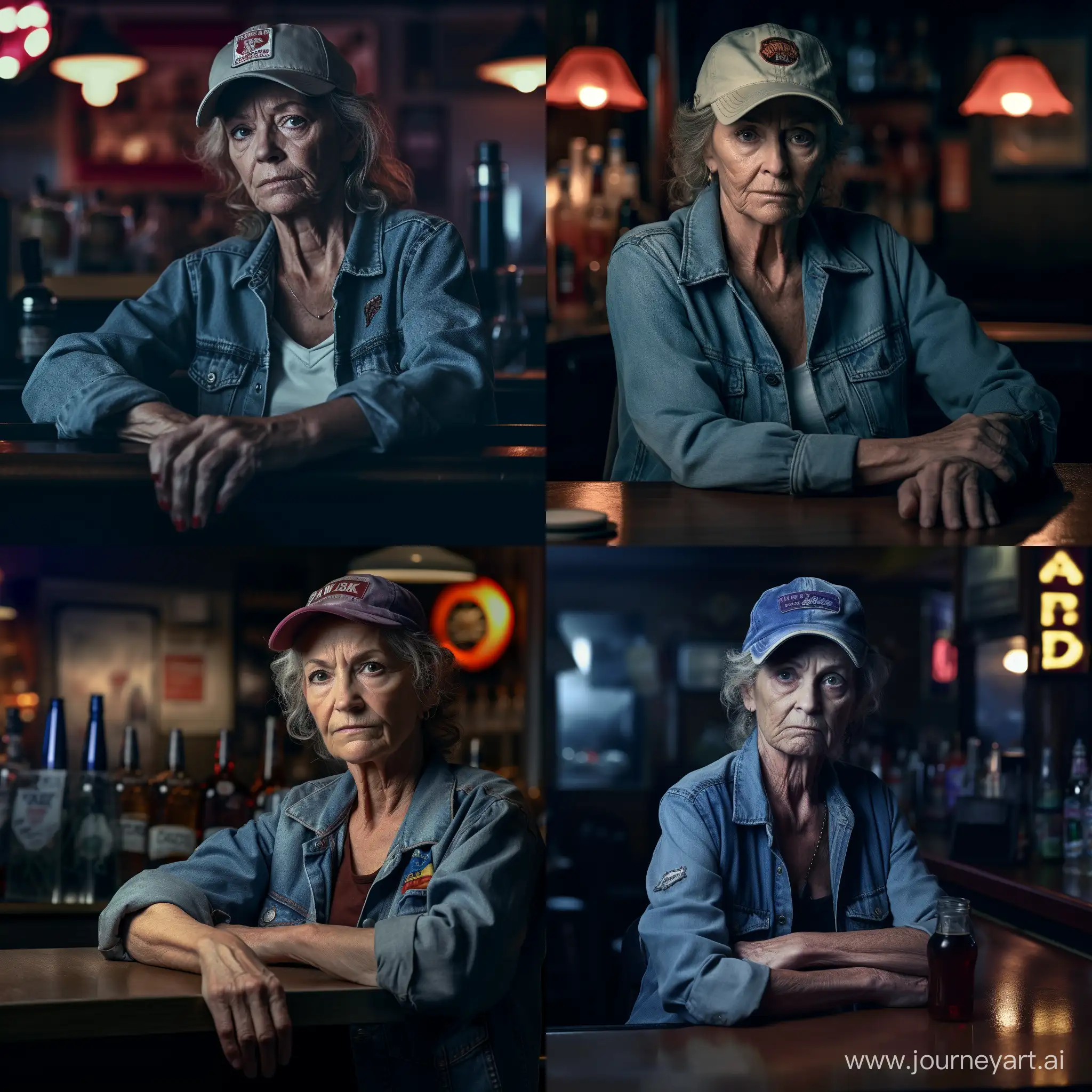 /imagine prompt:A photograph of a woman in her late 60s, dressed as a trucker, sitting at a bar, looking depressed, dim lighting, cinematic feel. Created Using: iPhone 12 style camera, cinematic lighting, moody atmosphere, subtle facial expressions, detailed bar background, muted color palette, high definition, glibatree prompt, hd quality, natural look 