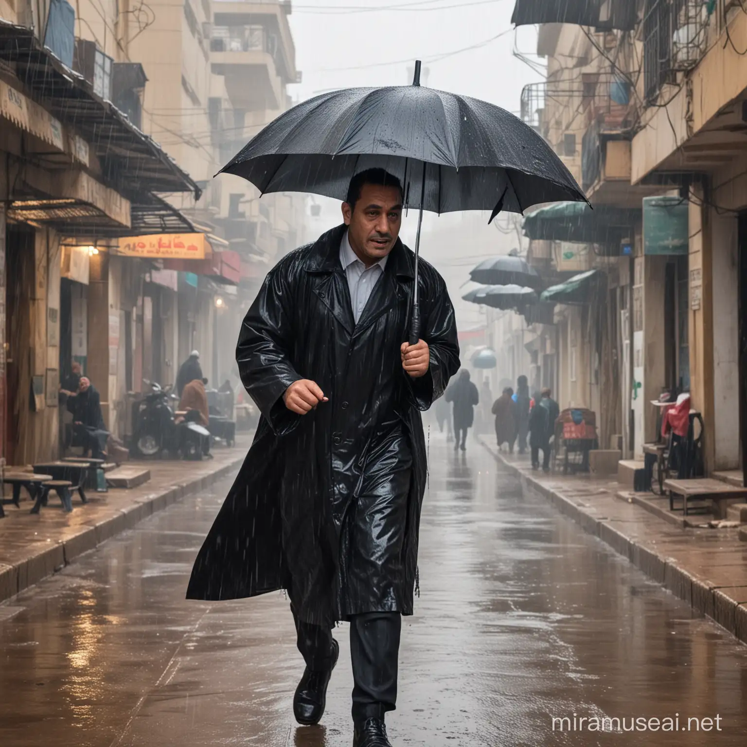An Egyptian Butcher is running under the rain in winter holding an umbrella. he's wearing galabiya and a black jacket