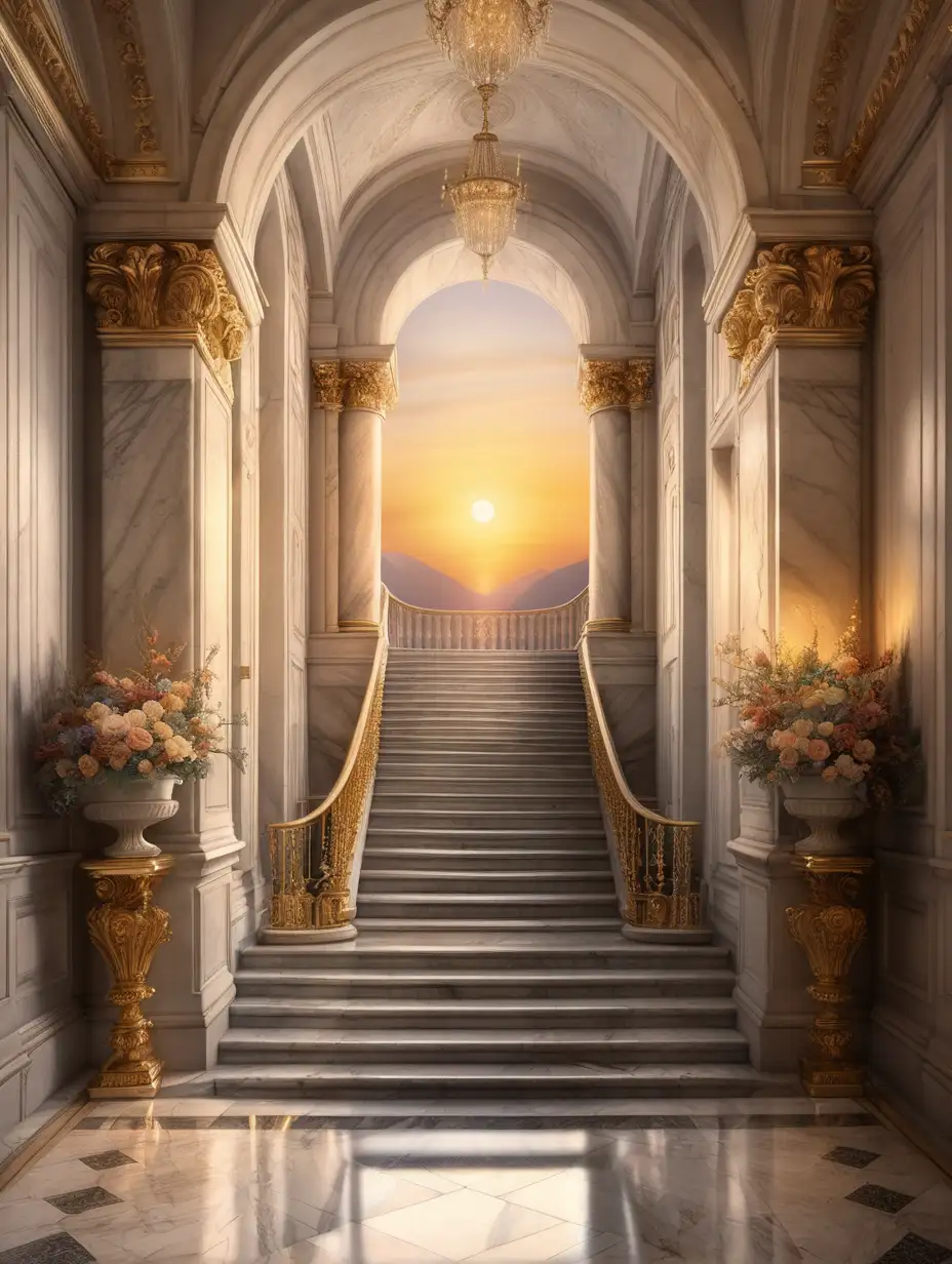 Elegant Marble Staircase Leading to Sunsetlit Hallway