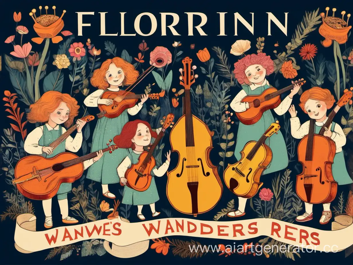 афиша для концерта детской музыкальной группы, которая называется - Флоринские бродяги. Музыканты с музыкальными инструментами. Вокруг все украшено цветами в честь женского праздника. 