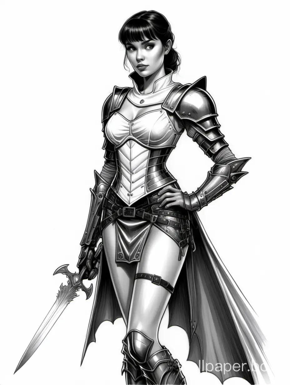 Young Kiira Korpi, black-and-white sketch with short dark hair with bangs, size 4 chest, narrow waist, wide hips, dragon slayer, D&D character, white corset with deep neckline and short sleeves with metal inserts, light steel elven armor with leather overlays, light mini-skirt with lacing, cloak on the right shoulder, 3/4 length, white background, Robocop style