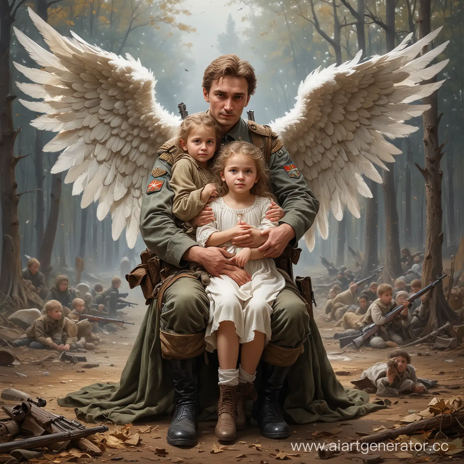 Angelic-Russian-Soldier-Embracing-Winged-Children-with-Rifle