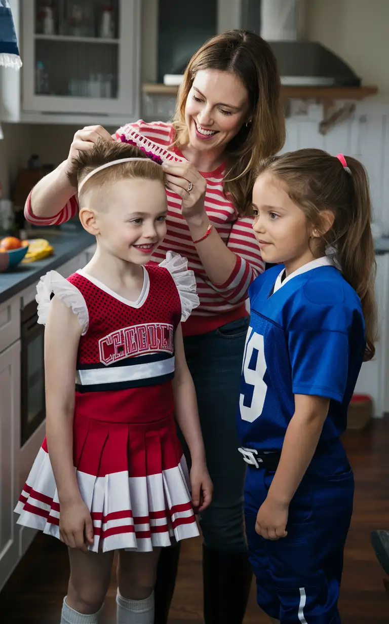 Gender role-reversal, Photograph of a mother dressing her young son, a boy age 8 with short smart blonde hair shaved on the sides, up in a frilly cheerleader dress, and she is dressing her young daughter, a girl age 9 with long hair in a ponytail, up in a blue football uniform, in a kitchen for fun on a rainy day, the children are showing off their outfits to the camera as the mother puts a headband on the boy, adorable, perfect children faces, perfect faces, clear faces, perfect eyes, perfect noses, smooth skin