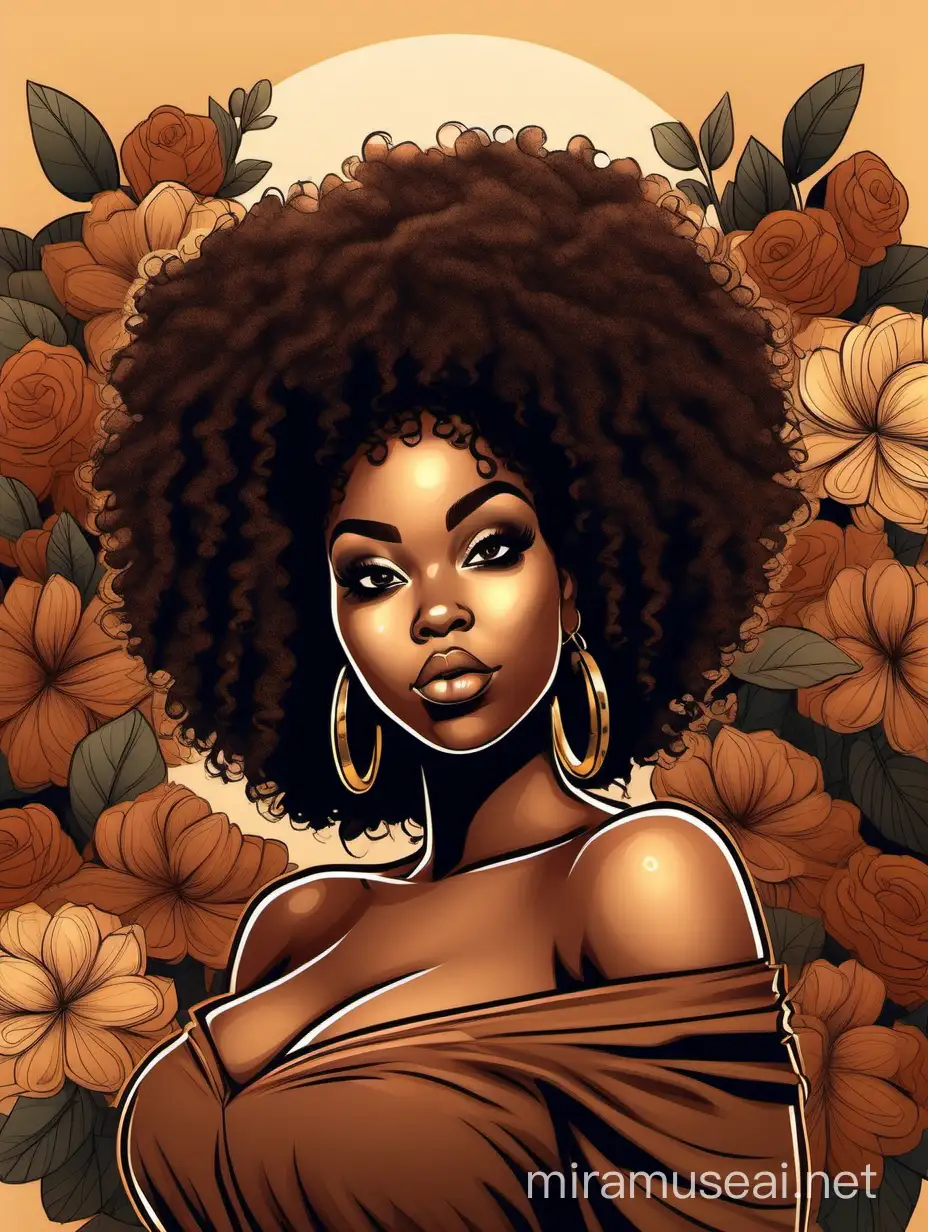 Create a vibrant cartoon art  image of a curvy black female wearing a brown off the shoulder blouse, and she is looking down with Prominent makeup. Highly detailed tightly curly black afro. Background of large brown and black flowers surrounding her