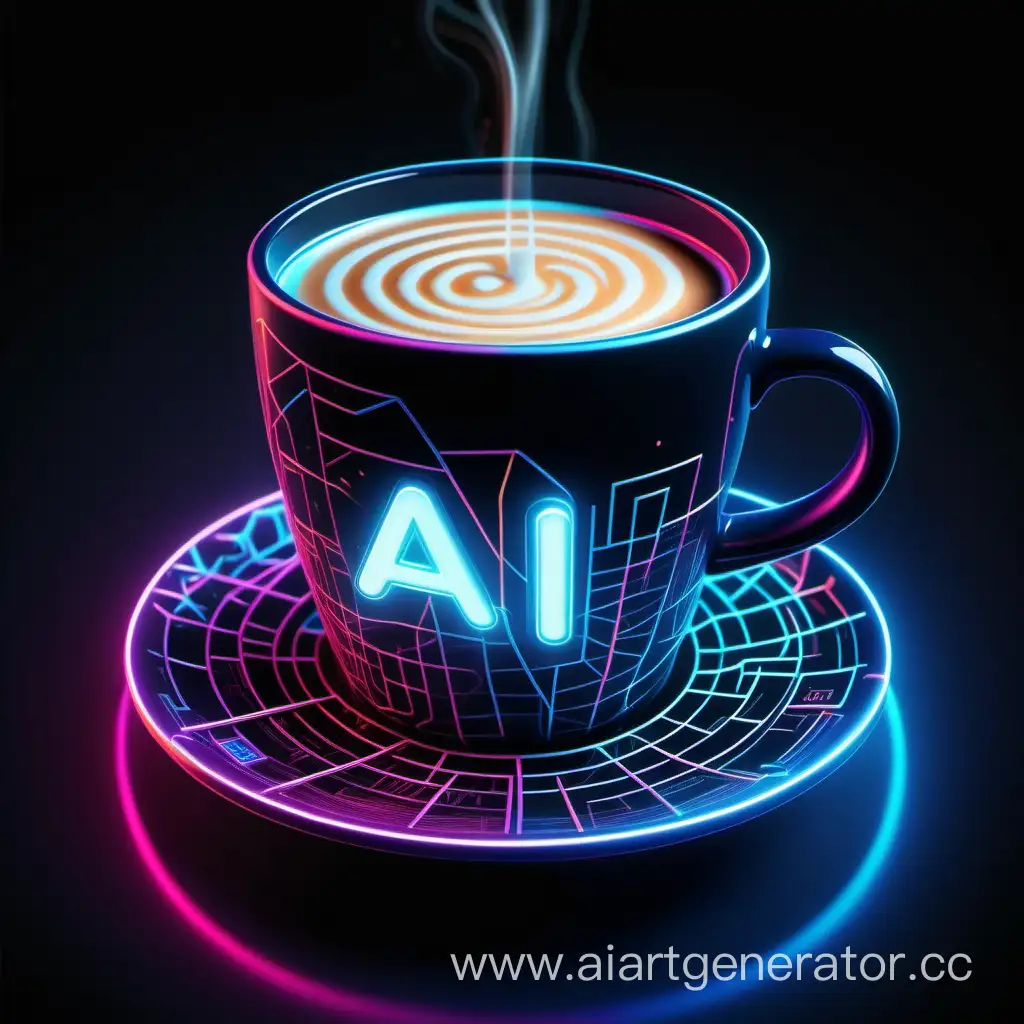 One cup, coffee with milk in it, in neon colors, neural connections run along the cup, logo "AI" on the cup, 8K, high quality detailing