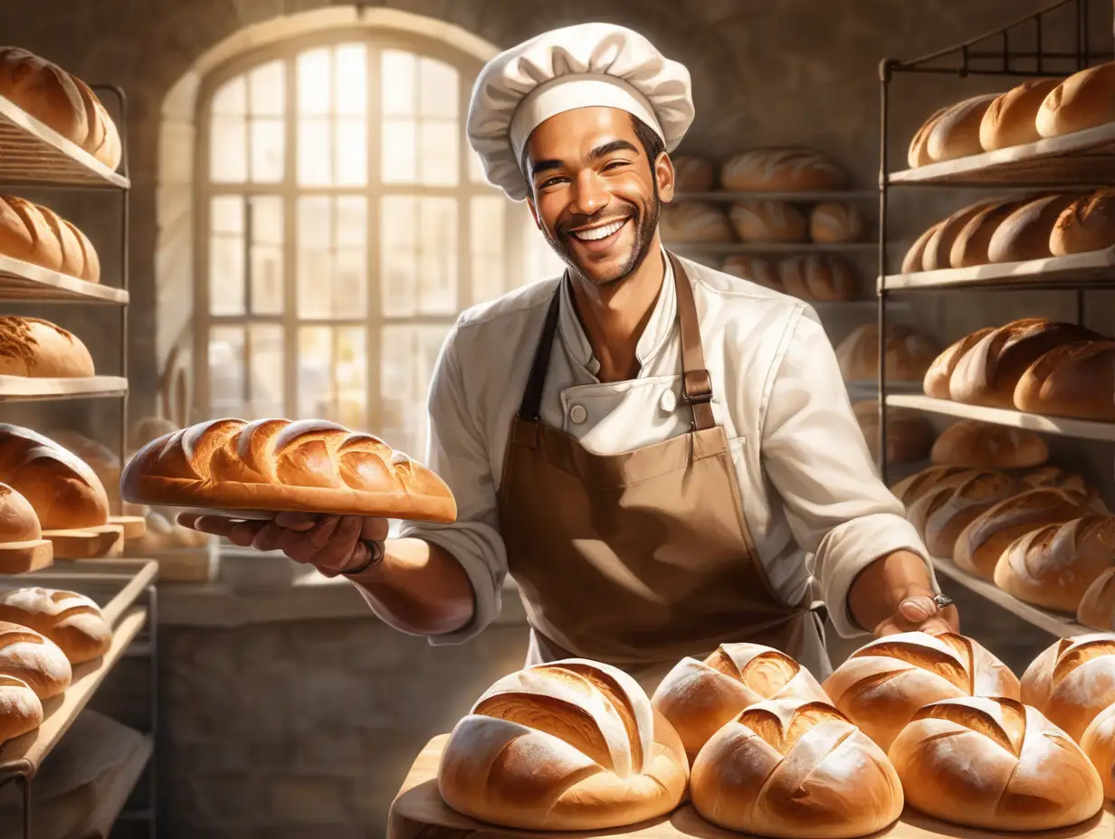 a baker smiles, he hands out freshly baked bread, the bakery is sunlit and beautiful, warm, happy