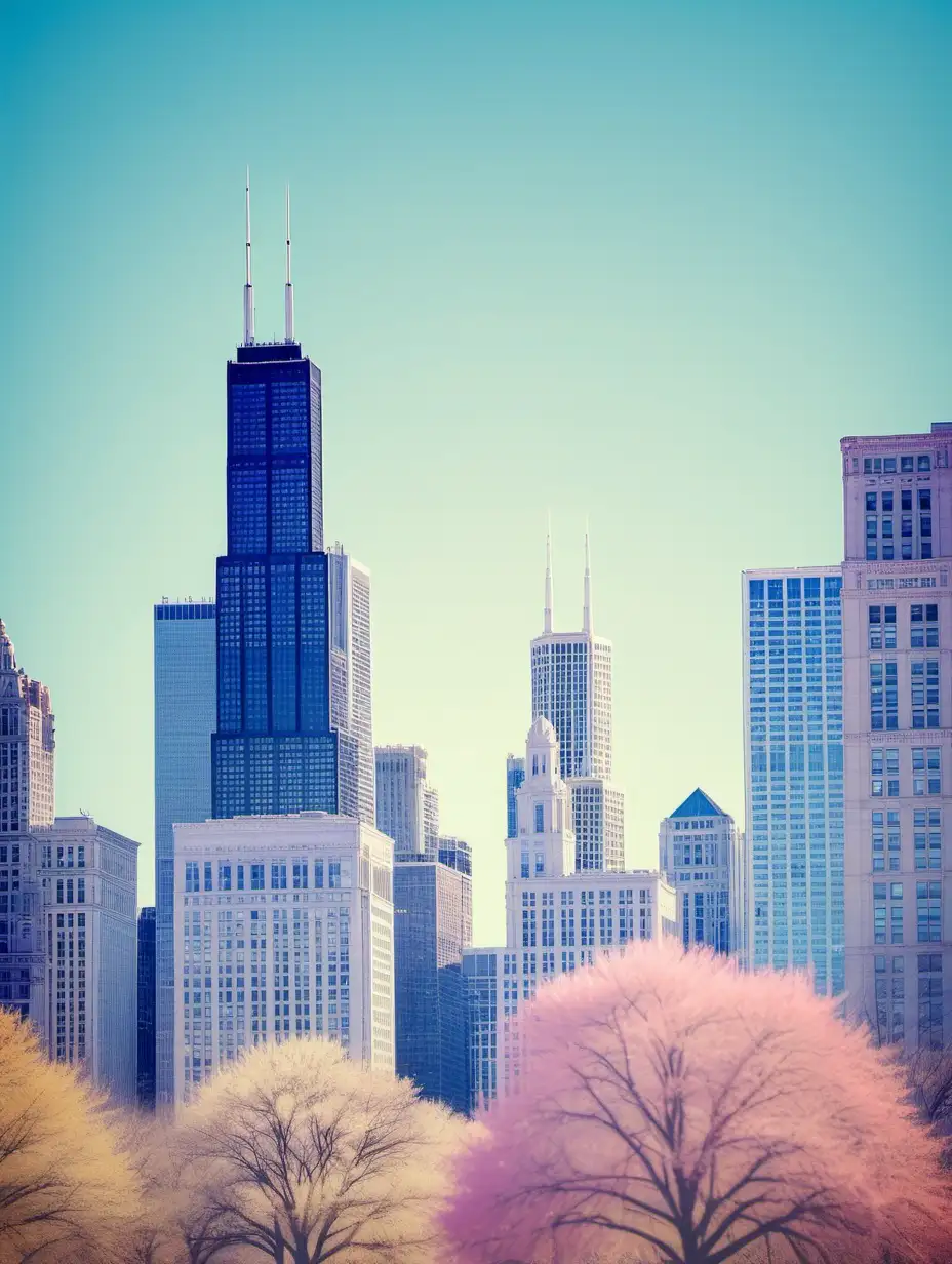 Subject: Skyline of Chicago, in fun pastel colors and blue sky.
Setting/background: the buildings creating the skyline are a little out of focus.