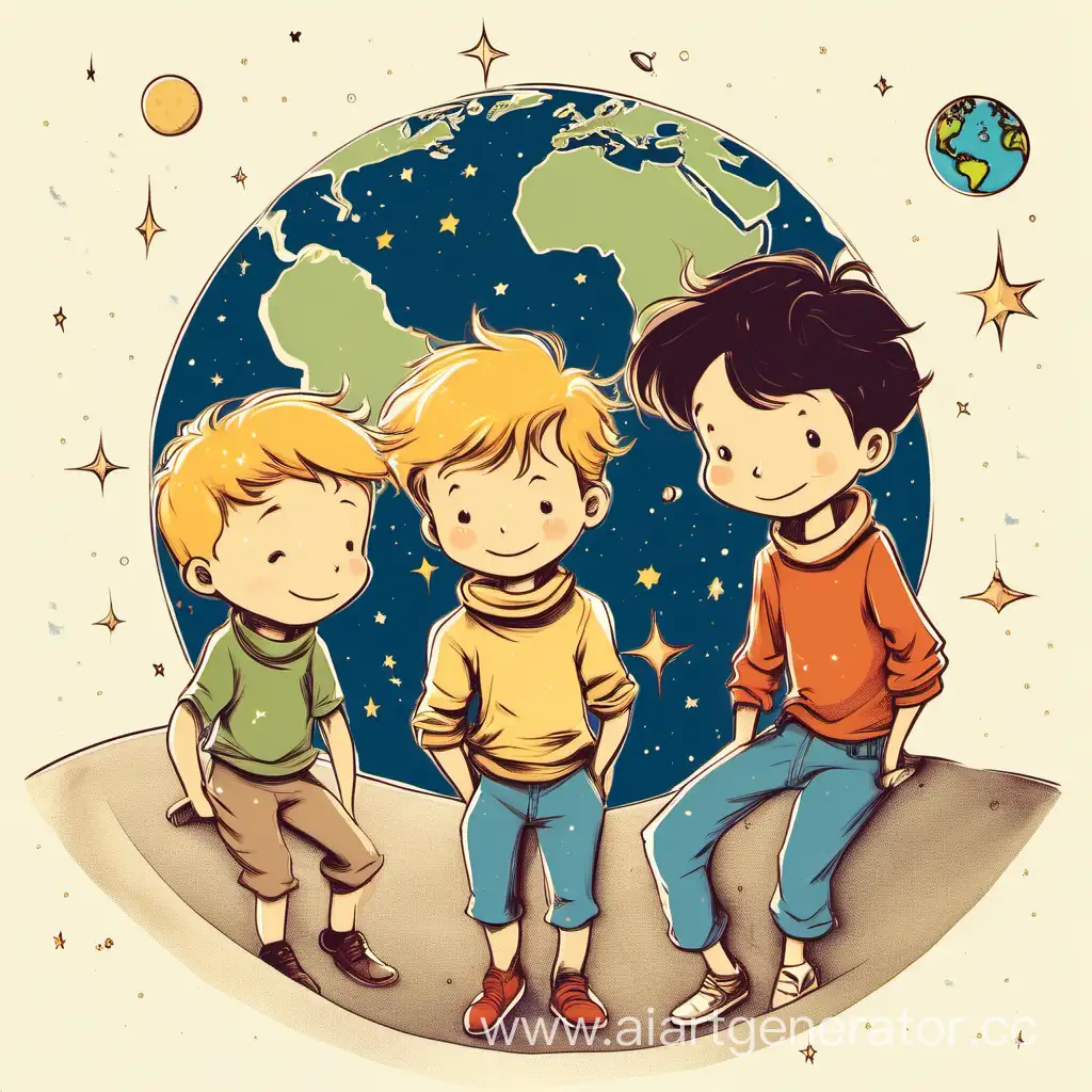 Мальчик с маленьким принцем и ещё мальчик рядом, а вокруг планеты

