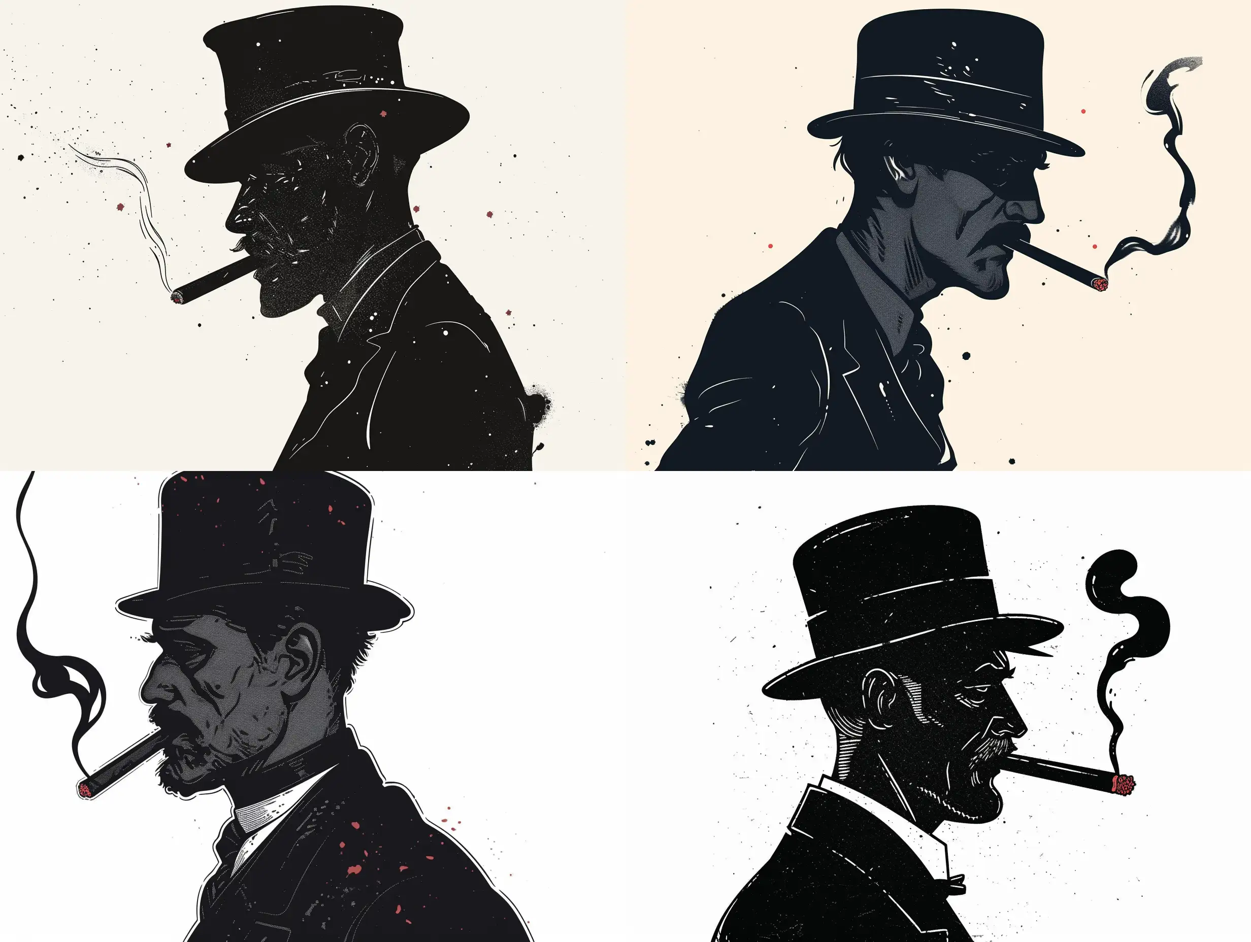 Portrait of a belt gangster, in profile, similar to Arnold Schwarzenegger, with a cigar in his mouth, in the style of the beginning of the last century, in a suit, in a bowler hat, graphic style, black, with small red accents, on a white background, simple, vector flat illustration, ink, Alphonse Mucha style
