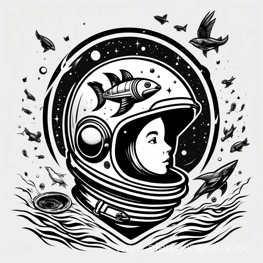 в картинке только 2 цвета черный и белый логотип из 2 букв АК в которых есть ракета и космос внутри шлема Космонавта. Шлем наполнен черной жидкостью. Из шлема вылетают птицы и  выплывают рыбы