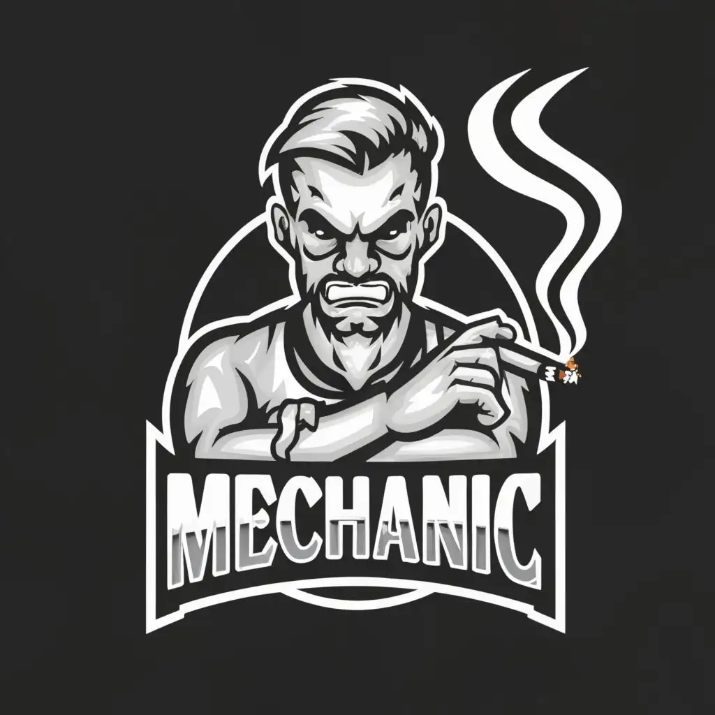 logo, A brutal character with a cigarette in his mouth in black and white, with the text "mechanic", typography, be used in Entertainment industry