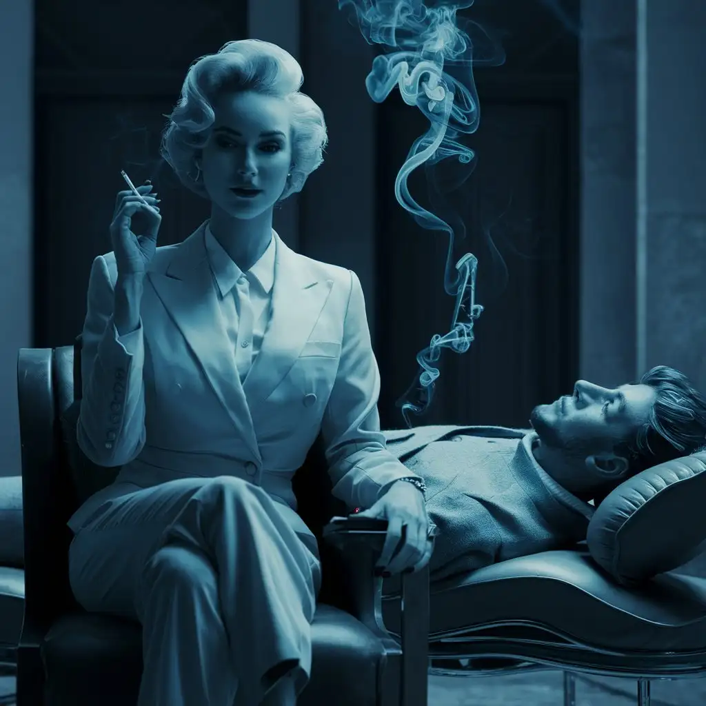 Beautiful woman therapist sitting with cigarette, blows smoke at male patient lying on lounge. 