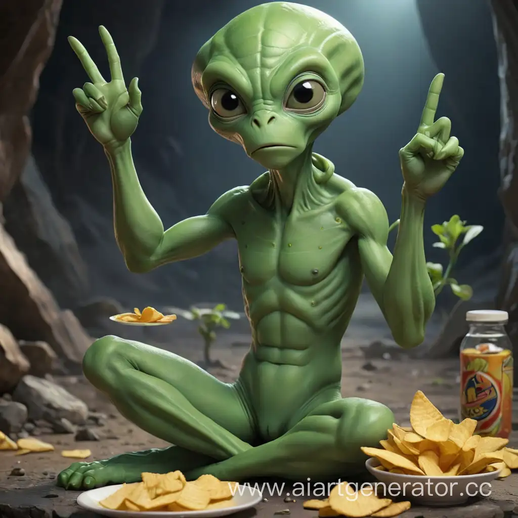 Friendly-Green-Alien-Sitting-Flashing-Victory-Sign-and-Enjoying-Chips