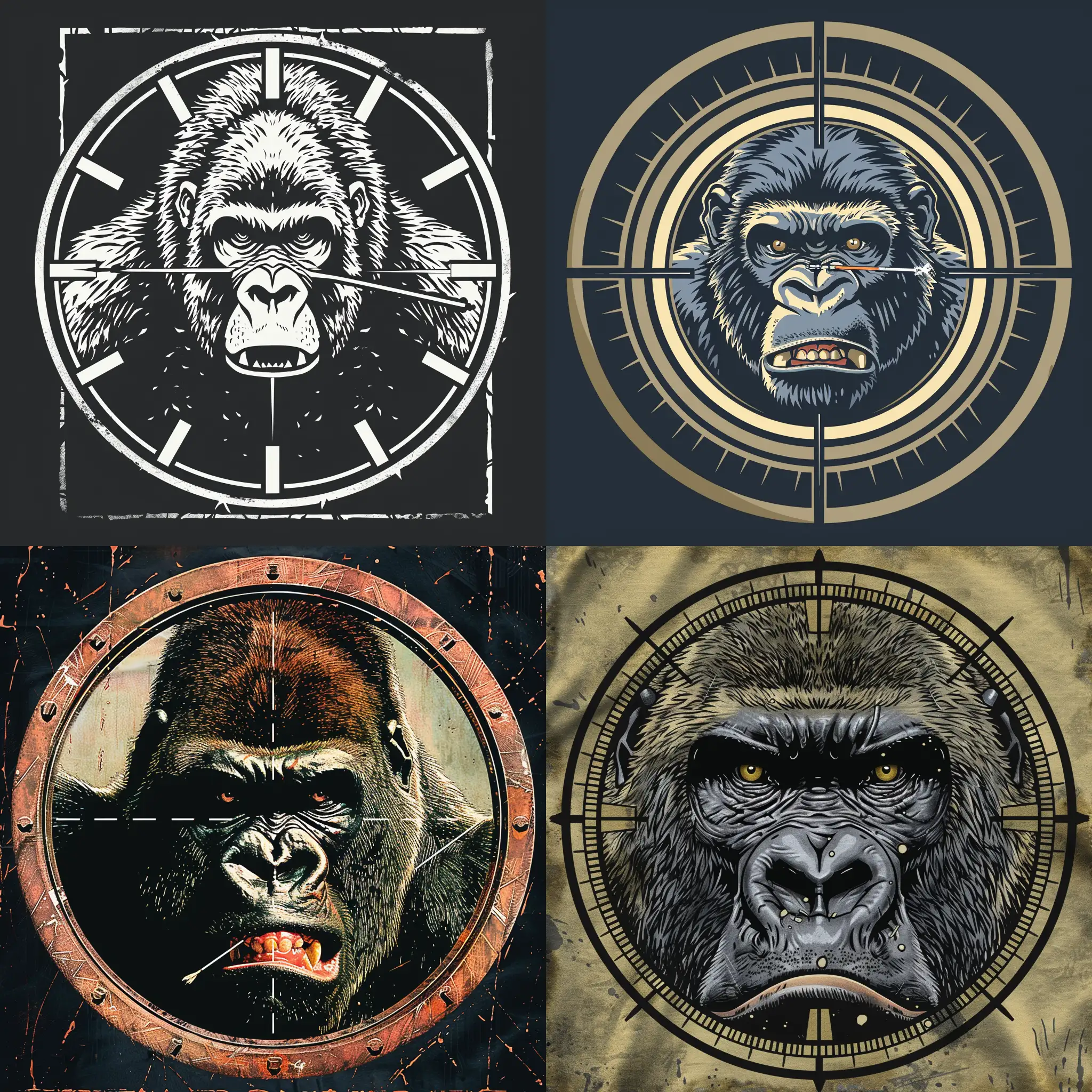 Looking down the crosshairs at an angry gorilla who has just been shot with a tranquilizer dart for tshirt design