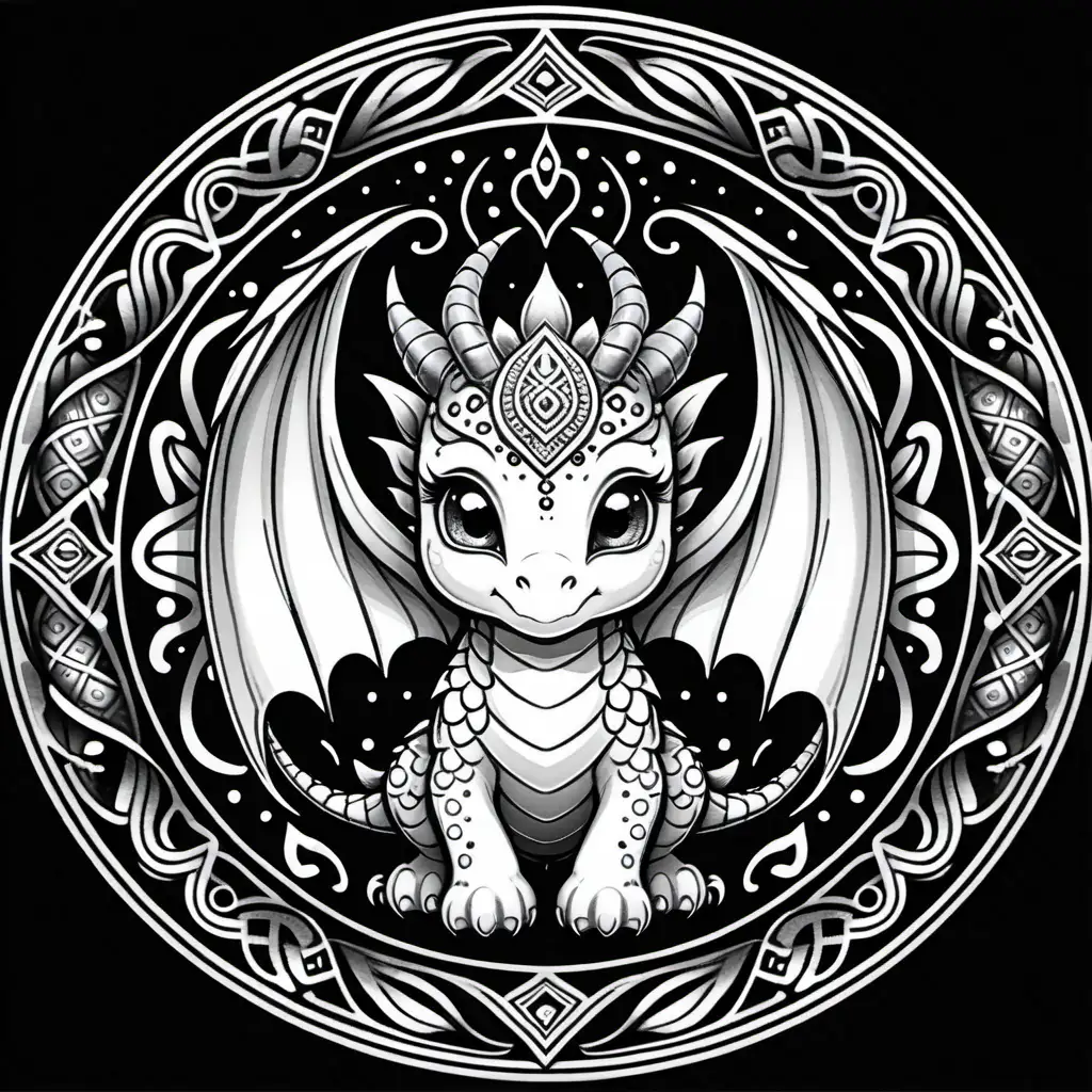 Create black and white line-art coloring page of a Baby dragon mandala