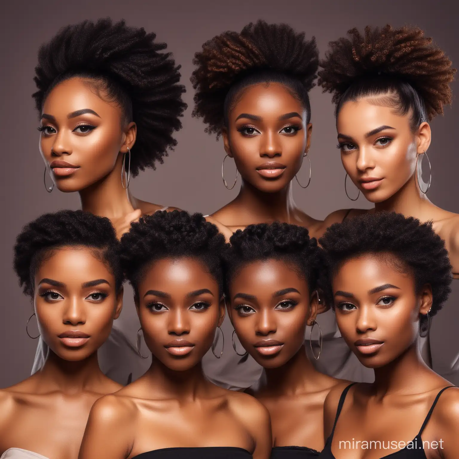 Group of dark skin girls, with different hairstyles, glowing skin, beautiful and stylish