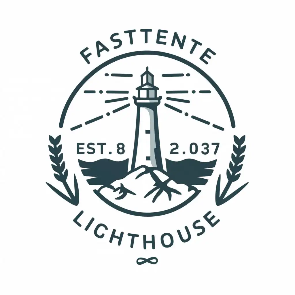 logo, create a minimalist logo should depict the Fastnet Lighthouse and the cliff it's built on, within a circular frame. Please also incorporate a sprig of lavender either curving up one side of the circle or framing the bottom., with the text "he logo should depict the Fastnet Lighthouse and the cliff it's built on, within a circular frame. Please also incorporate a sprig of lavender either curving up one side of the circle or framing the bottom.", typography