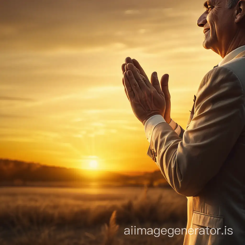 a realistic photo a man clapping his hands. Realistic. High level of detail. The background should be in yellow tones. sunset on the left