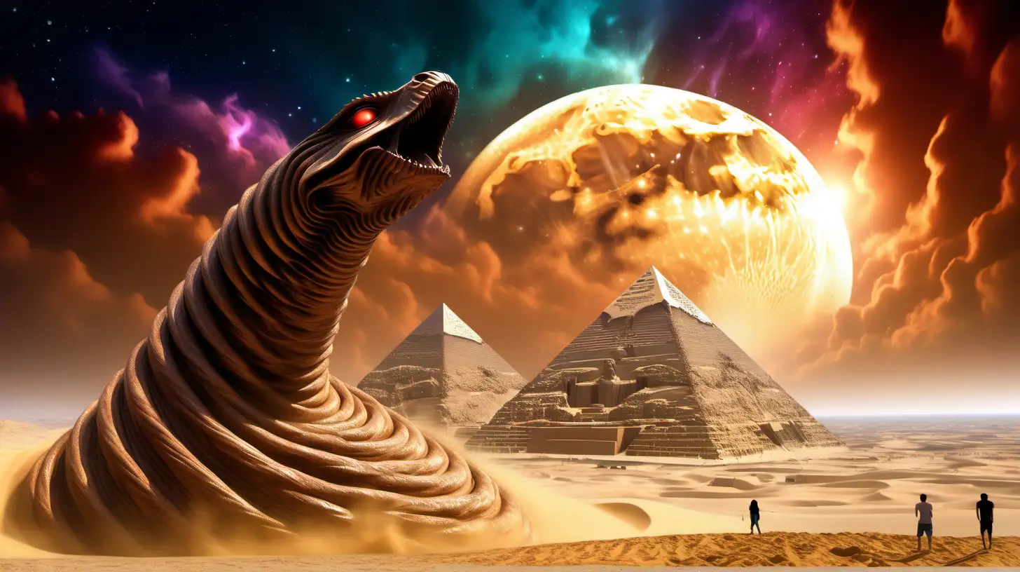 Majestic Sandworm Sculpture Amidst Egyptian Sandstorm with Vibrant Tropical Pyramid and Stardust Sky