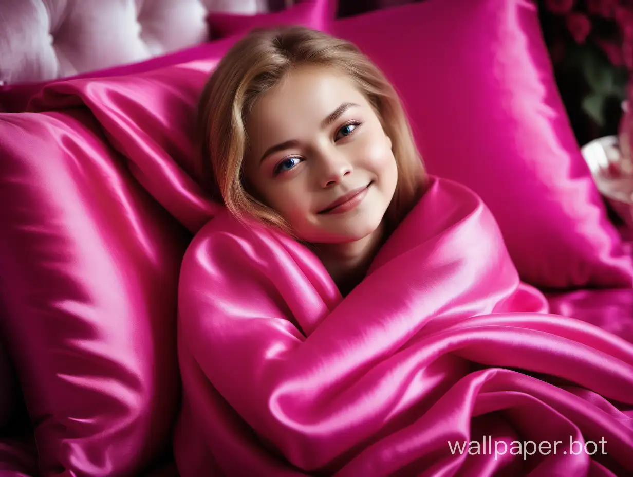 Gently smiling Yulia Lipnitskaya Relaxing on Luxurious Pink Fuchsia Silk Pillow and Blanket