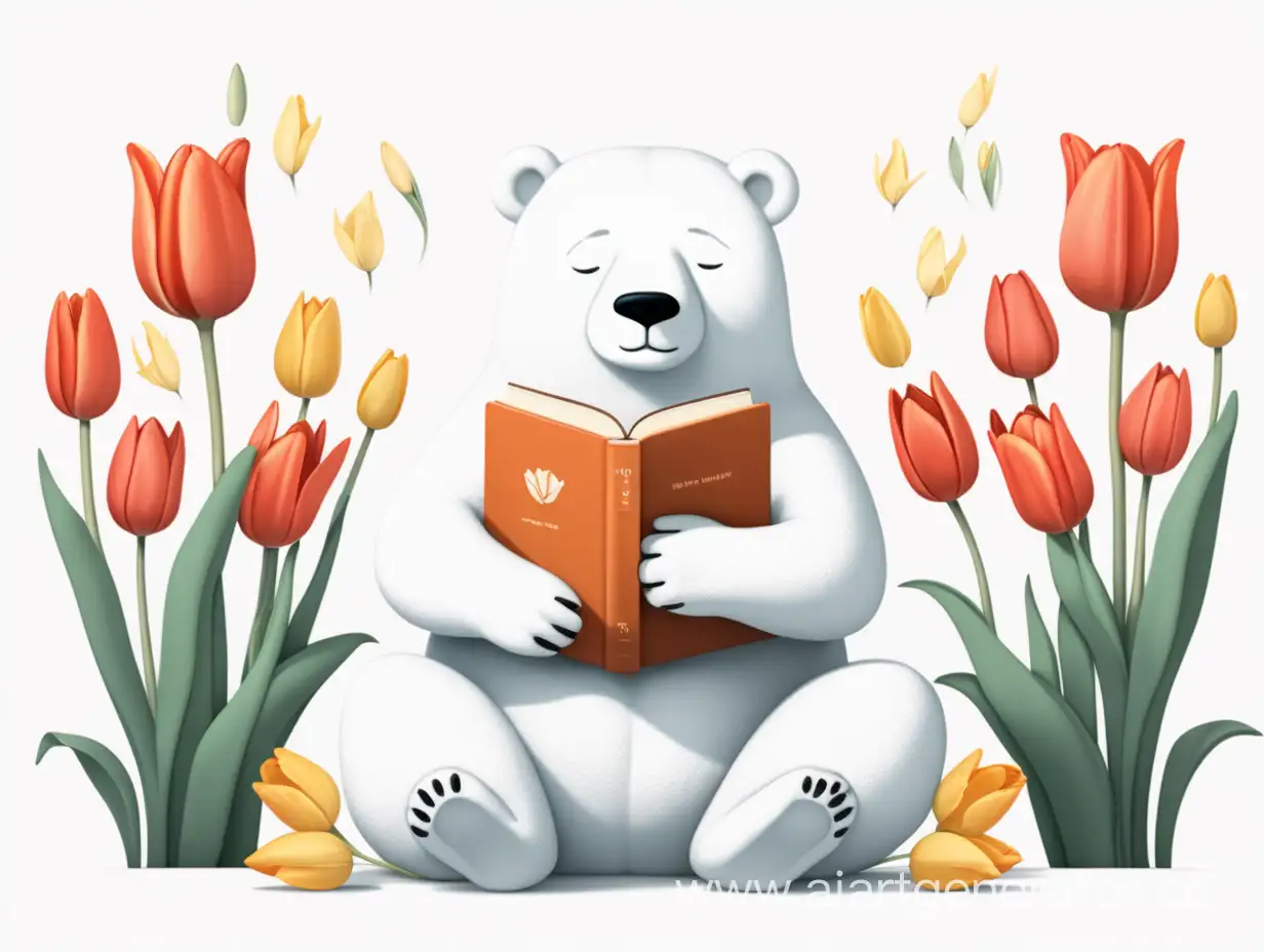Милый белый медведь сидит среди тюльпанов и читает книгу. Минималистическом стиль.