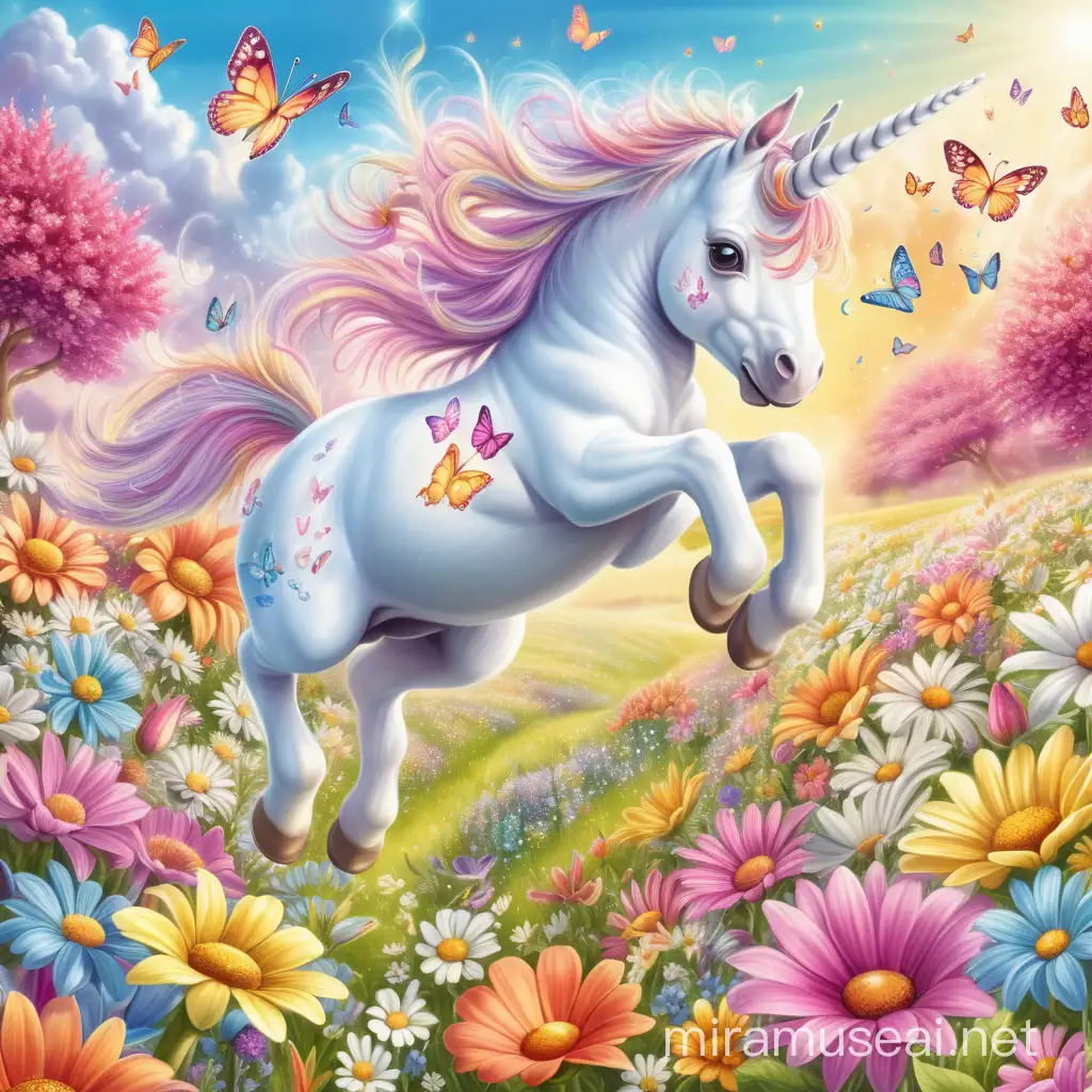 baby unicorn Jumping through a magical field of flowers that have butterflies flying in the sky, bright colors, 