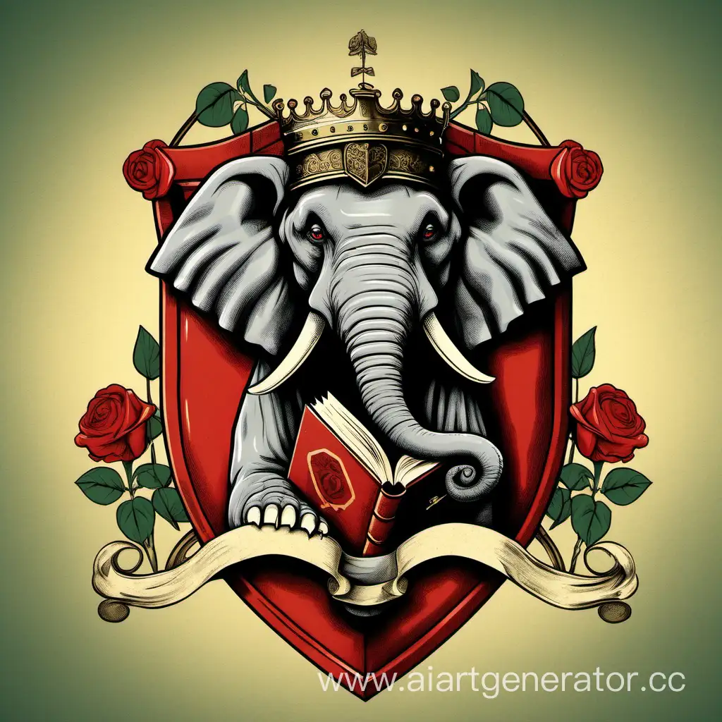 Medieval-Coat-of-Arms-with-Elephant-Books-Laptop-and-Red-Roses
