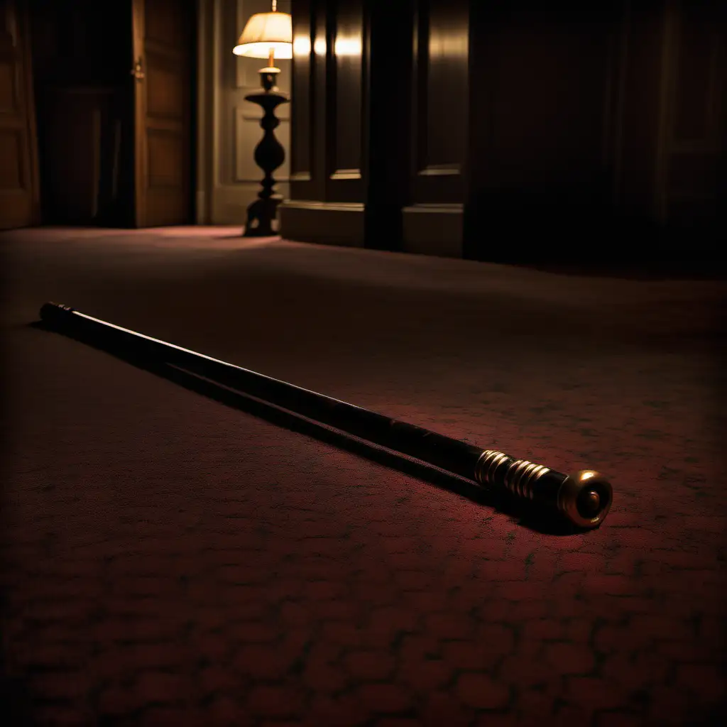 walking cane lying on carpet in a dimly lit room in a large manor house dark at night