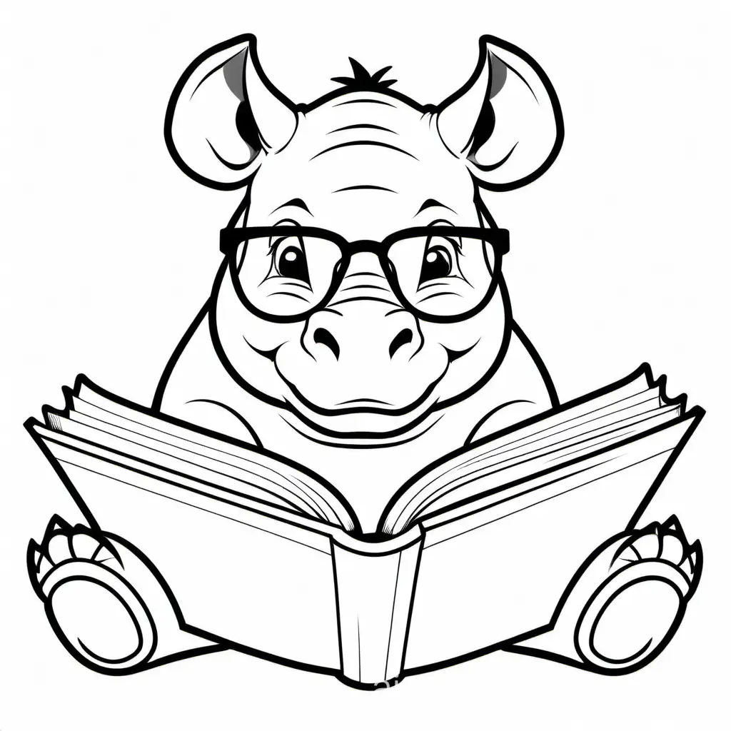 rhino wearing glasses reading a book, Coloring Page, black and white, line art, white background, Simplicity, Ample White Space. The background of the coloring page is plain white to make it easy for young children to color within the lines. The outlines of all the subjects are easy to distinguish, making it simple for kids to color without too much difficulty