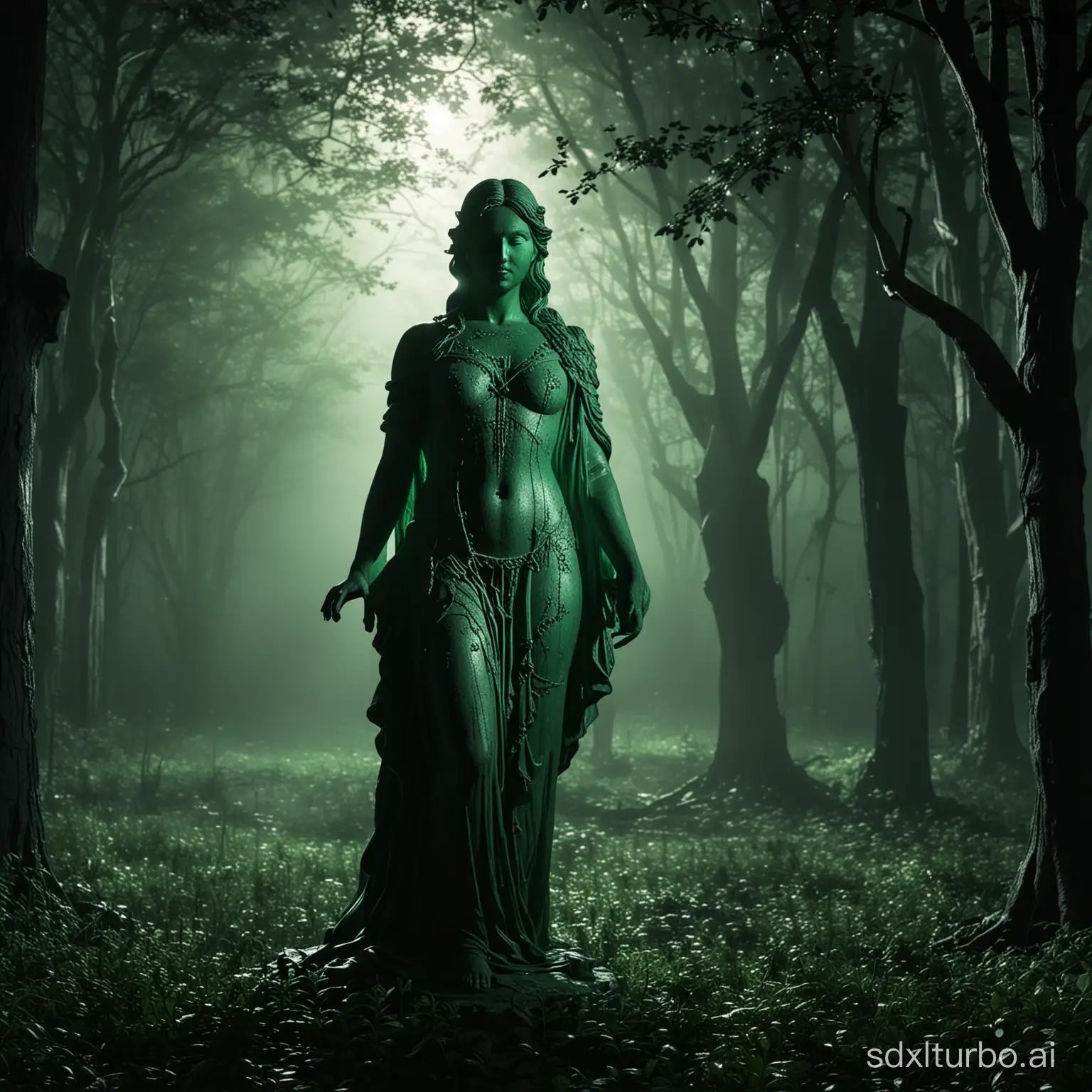 in the dark night,a green light glowing,sculpture,light shines on the sculpture,surrounding by all kinds of trees,, (masterpiece:1.3), (best quality:1.3), (high resolution:1.2), (high detail:1.2),