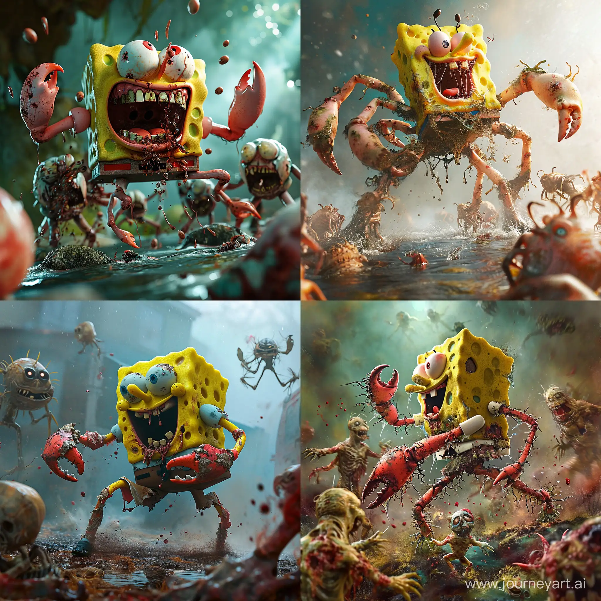 Mr. Crabs from SpongeBob fighting Zombie Residents of Bikini Bottom,  movie cinematic Poster , HD, fotorealistic, Hyperrealistic, dynamic, light and shadow, masterpiece