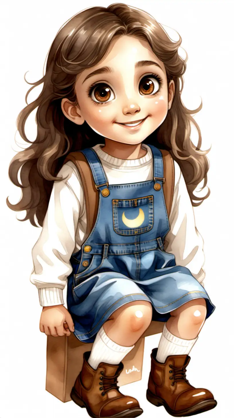 Do a character sheet of  Luna, she is a 6 year old girl with brown eyes, with medium length wavy hair, brown eyes, exited and happy face, she is wearing a denim dress overall  and a white sweater with brown boots, white socks, she is caring a brown plain fabric backpack . Use watercolor style design, she is sitting down, in sitting down position