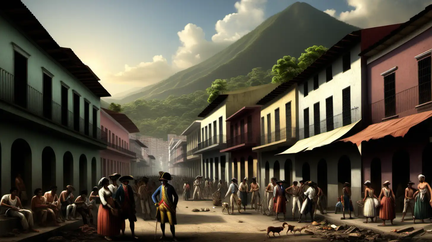 The streets of Caracas in 1780. a mix of poor people, working class and a handful of affluent people.