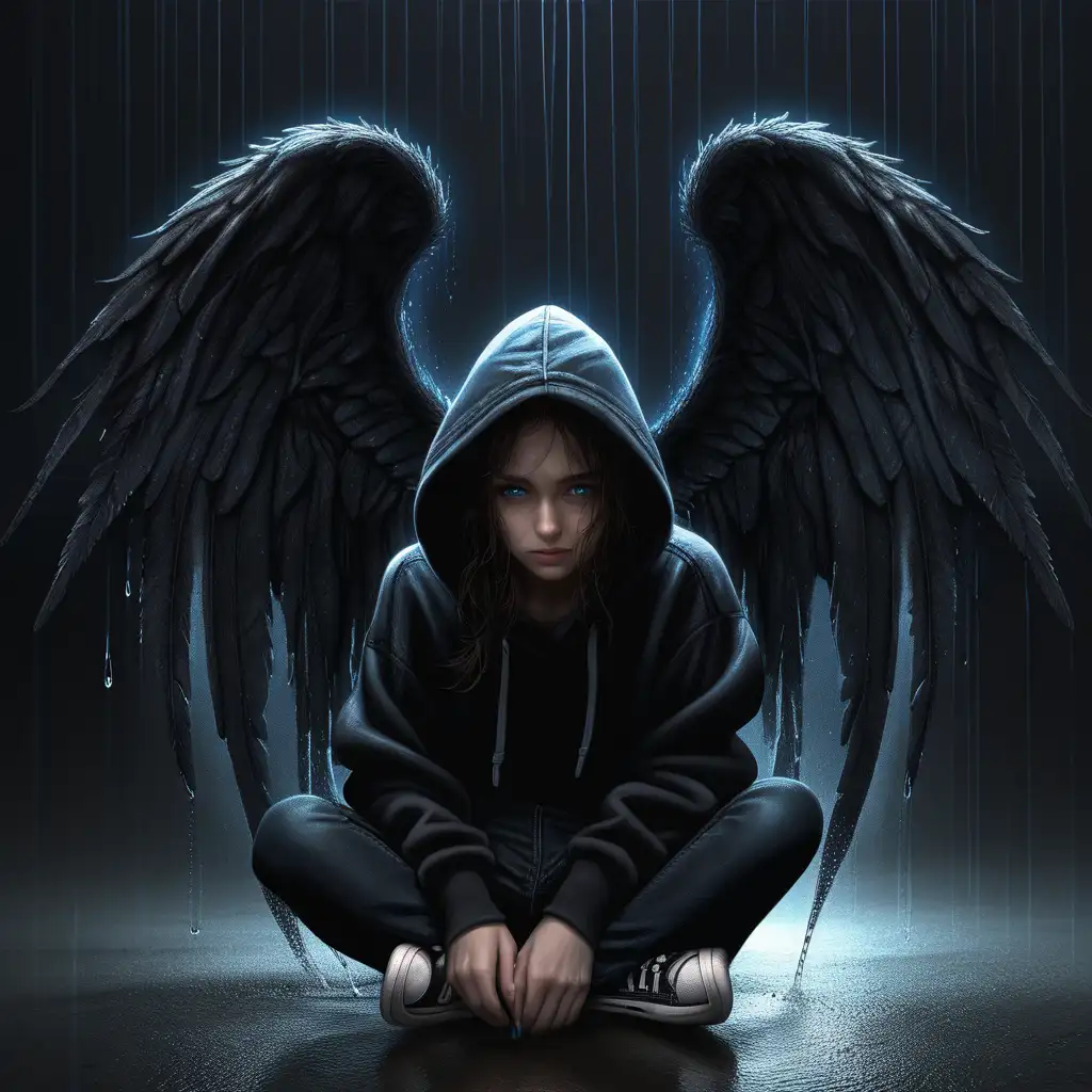 Lonely Woman with Angel Wings in Rainy Darkness