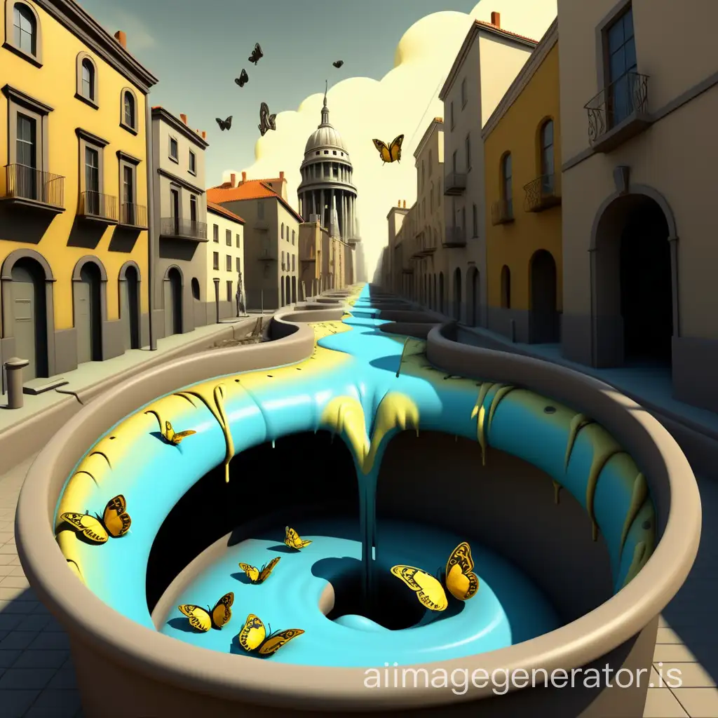 Surreal-Urban-Landscape-City-Melting-with-Mercury-and-ButterflyScented-Sewer-in-Salvador-Dali-Style