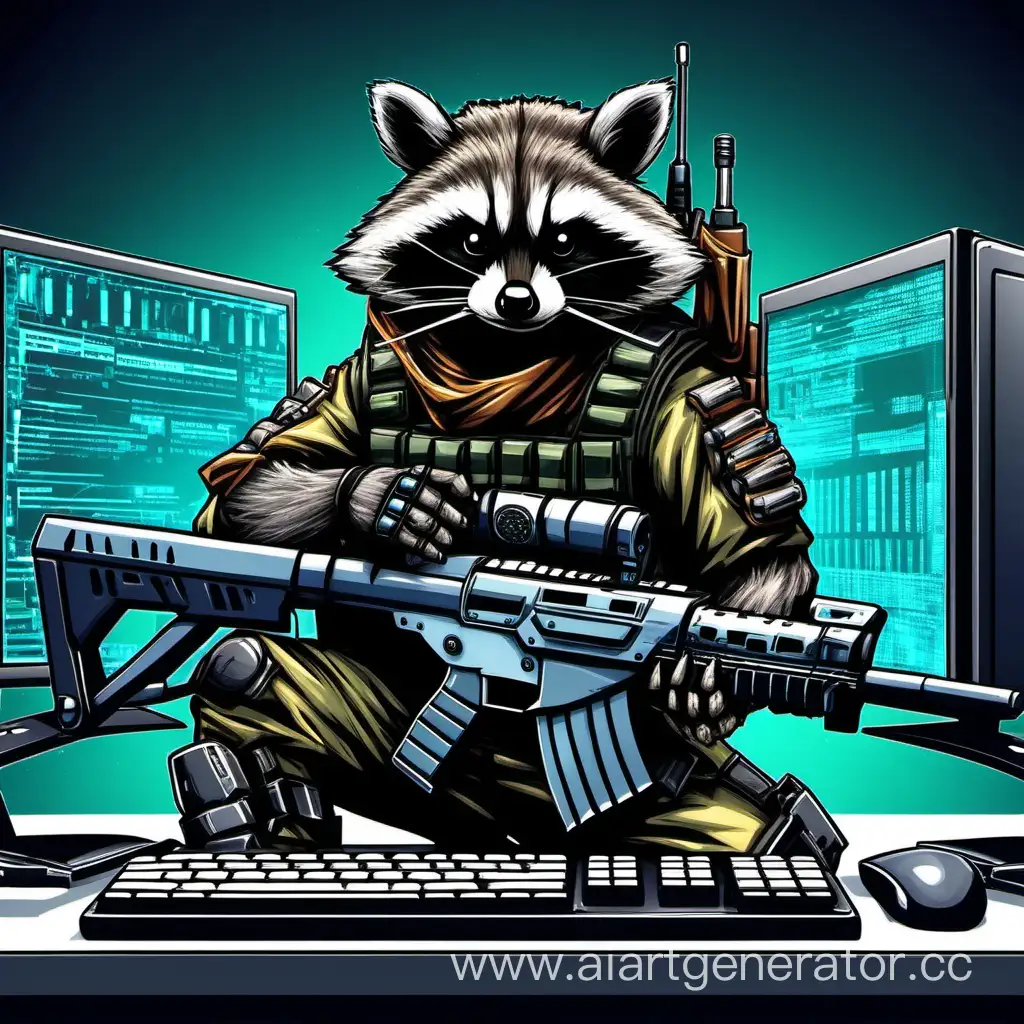 кибер опасный енот воин с автоматами за компьютером
