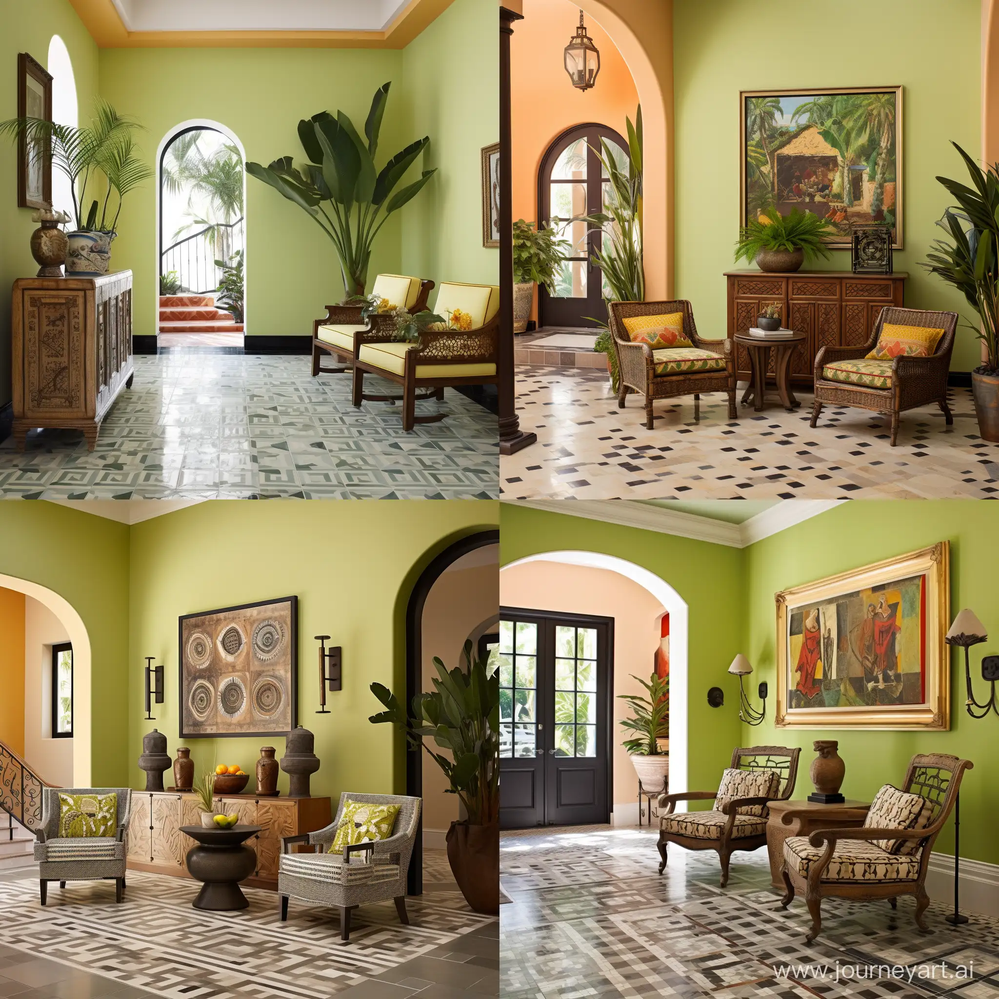 Contemporary-Mexican-Mansion-Foyer-with-Natural-Fiber-Armchairs-and-Lime-Green-Walls