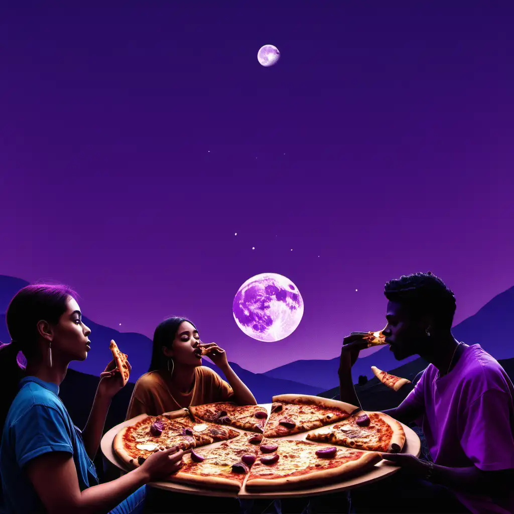 A purple sky with the moon and people eating pizza