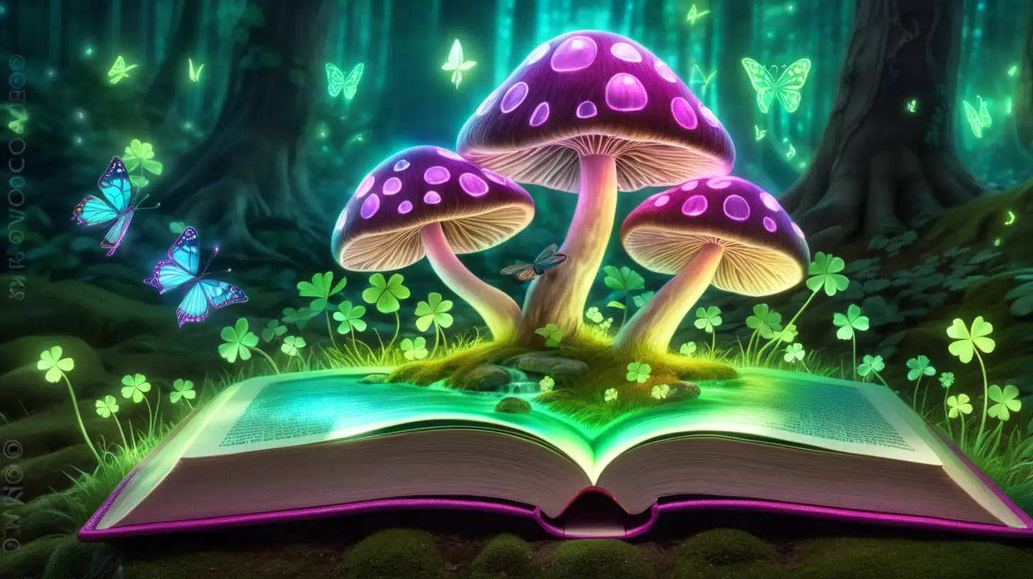 magical book-glowing with magenta-glowing-mushrooms-green-shamrocks growing out of it, fairytale-magical shamrock trees and a magical stream with butterflies