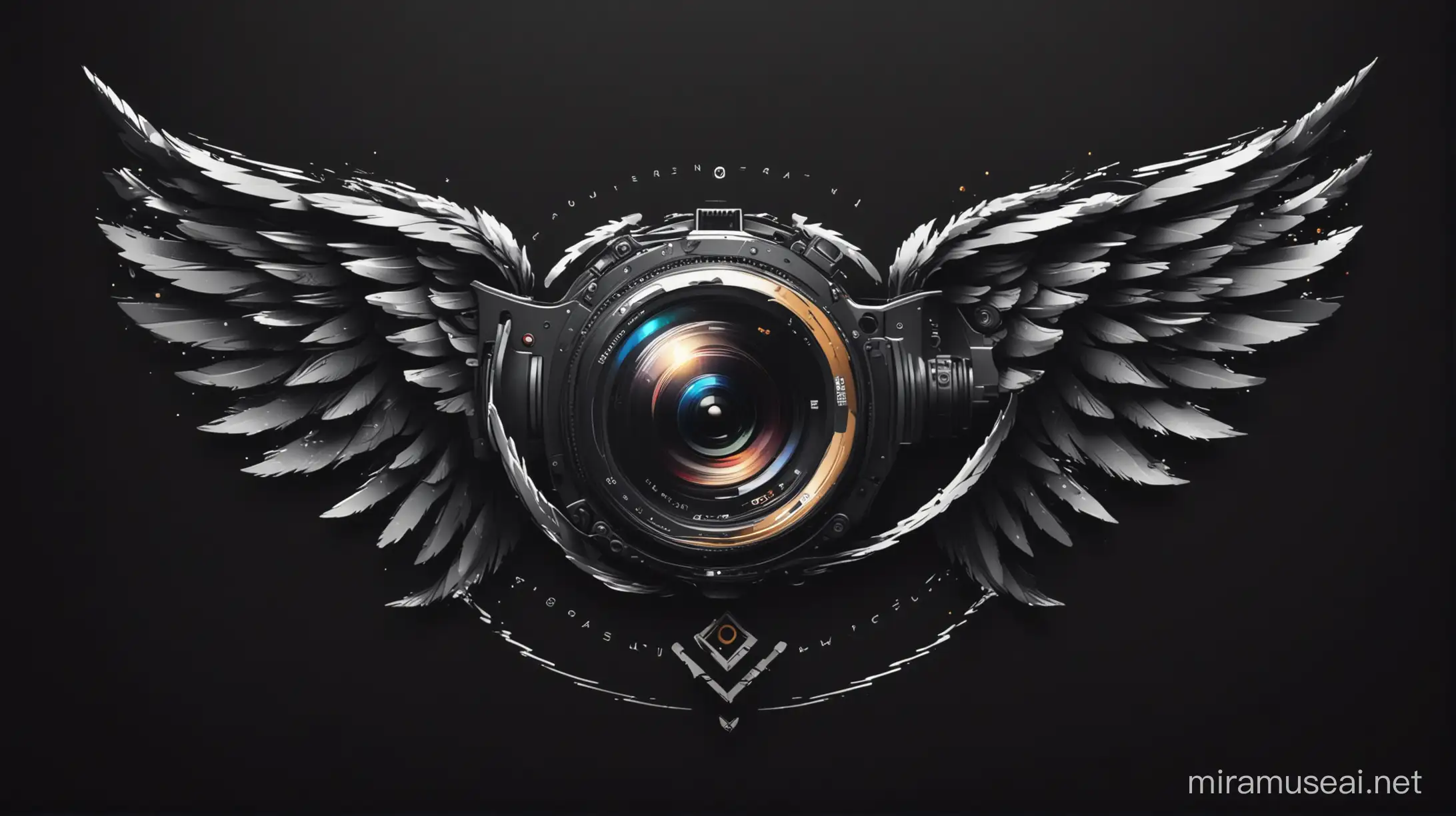 Art AI Logo with Winged Camera on Black Background