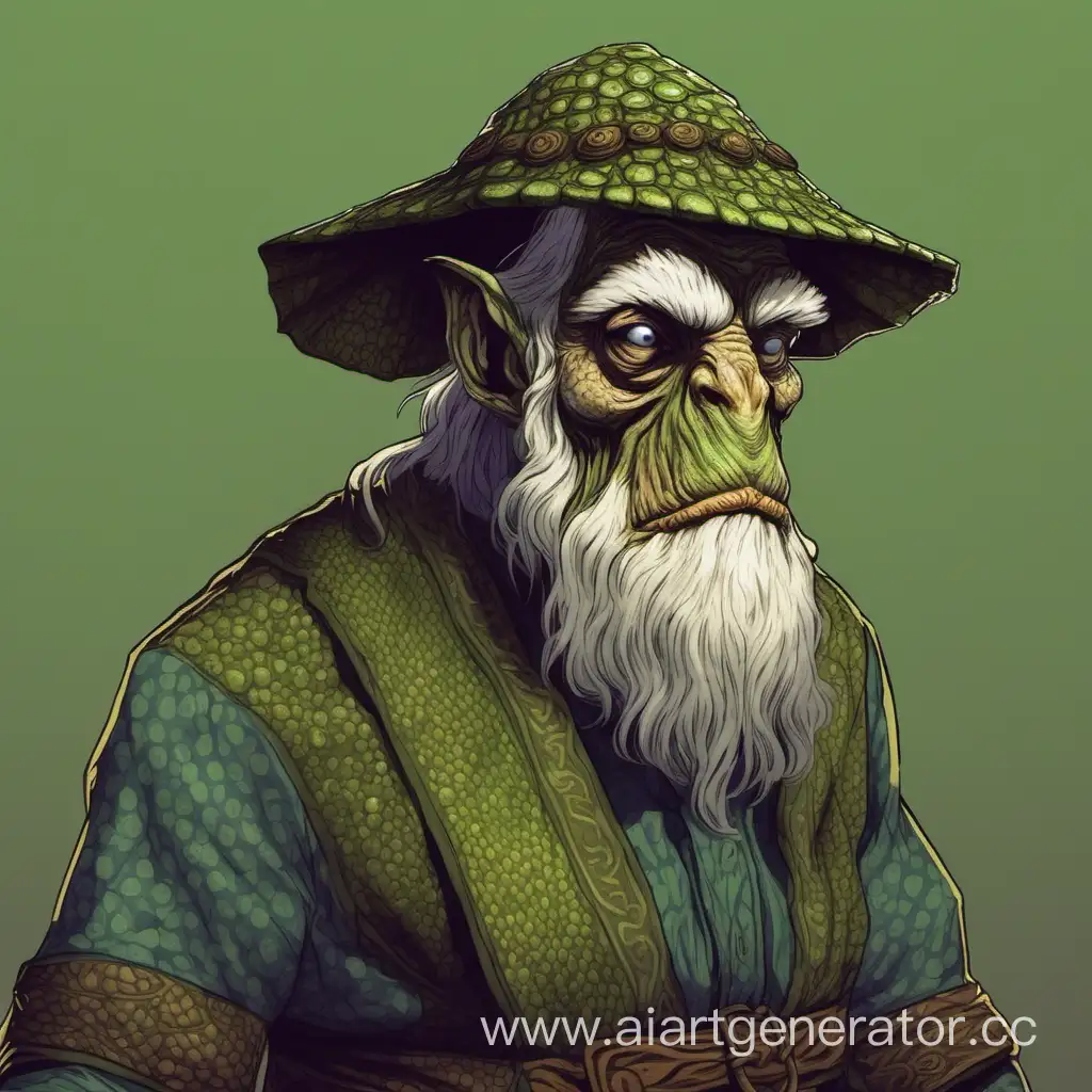 A lizardman disguised as an old man dressed in a slavic shirt