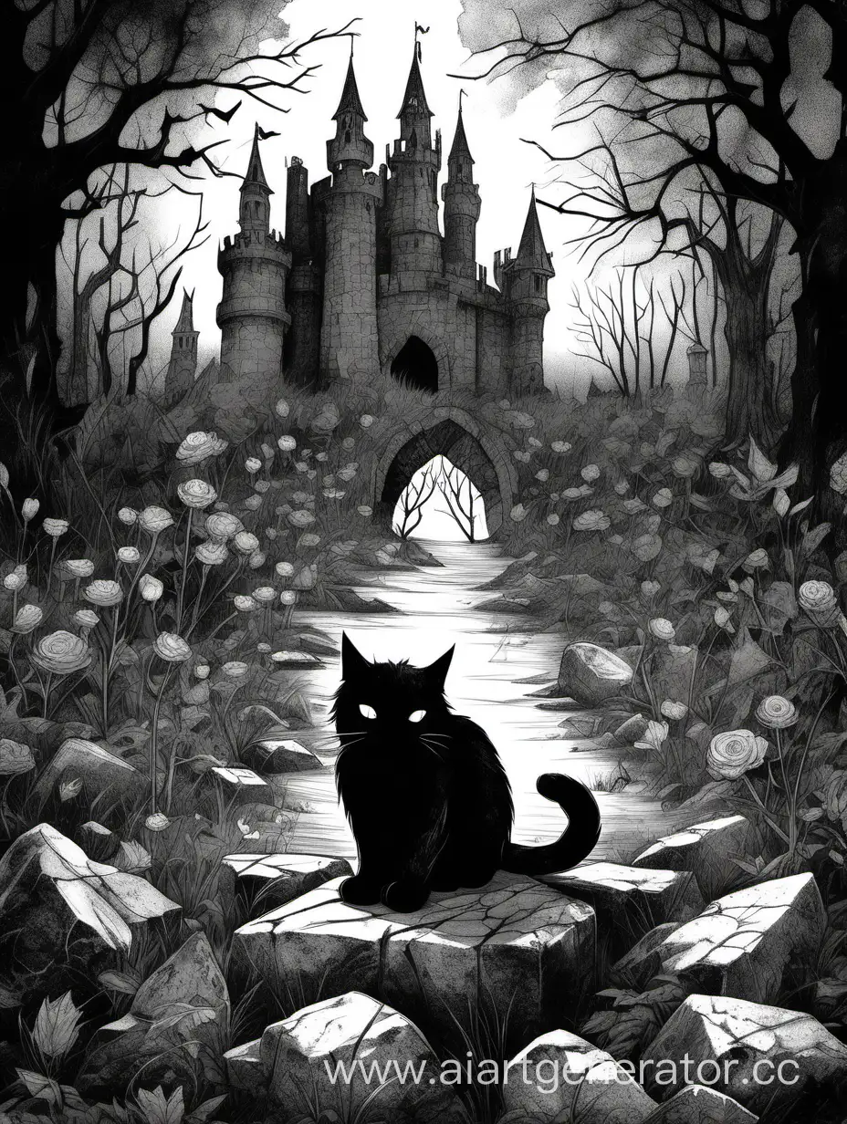 Ink-Drawing-of-a-Cat-in-a-Dark-Castle-Garden