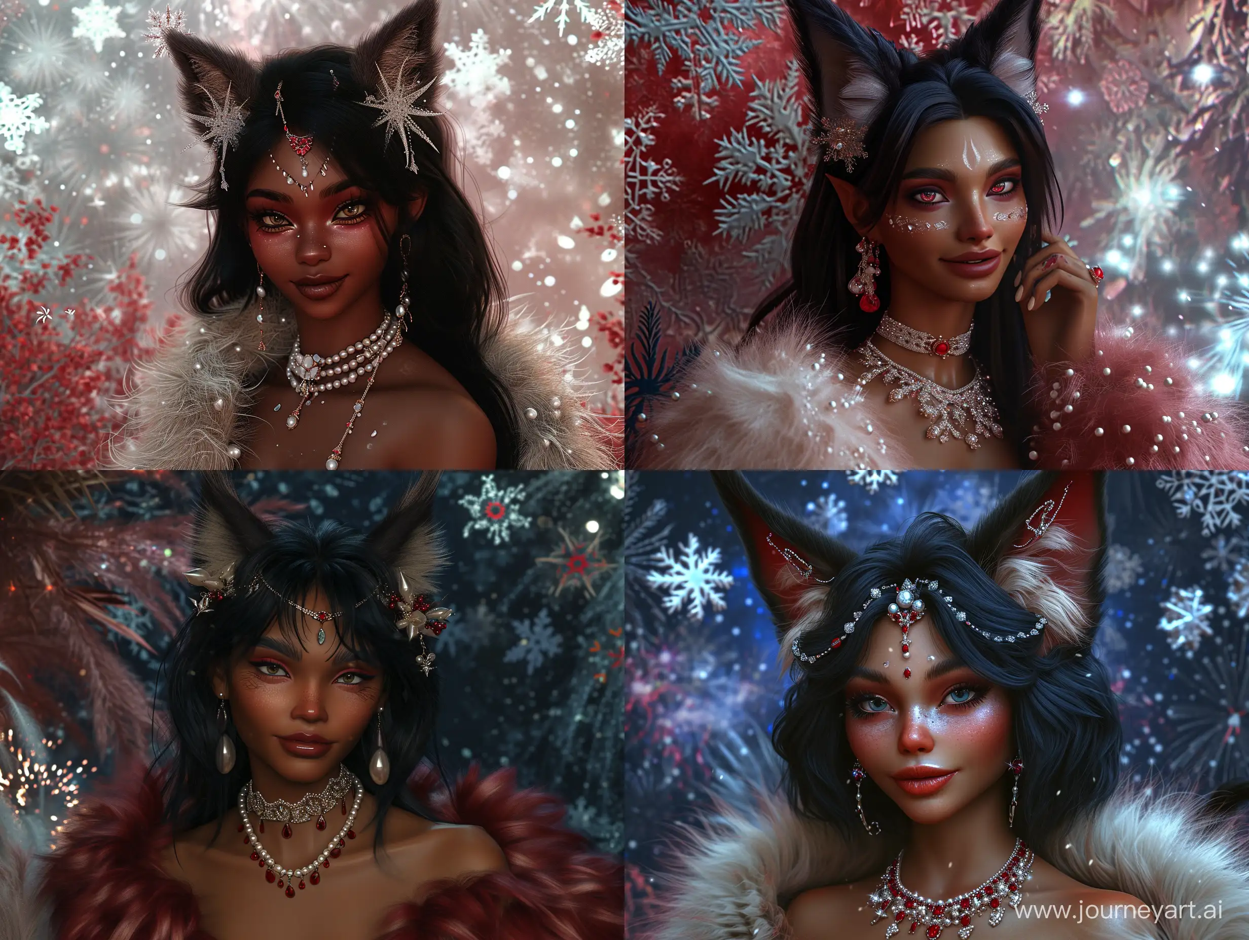 Felinoid, warrior princess, dark skinned, cat-like ears, full bodied, full body centered composition indigo moss red fulvous cream silver photorealistic beautiful eyes, beautiful skin details, highly detailed long silken fur, fursona, furaffinity, attractive, confident, optimistic, smiling, heavenly look, iridescent pearls and ruby jewelry, background theme spring, fireworks, sparkling fractal snowflakes by ernst haeckel, john berkey, ryan hewett, acrylic on paper portrait, ultra realistic, global illumination, occlusion, volumetric lighting, volumetric mist, sharp focus, narrow dof, 128k uhd poser, octane