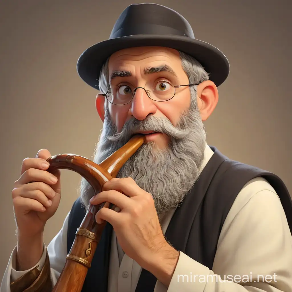 The rabbi blows the shofar on Rosh Hashanah. He is very focused and diligent.  In the style of realism, 3D animation.