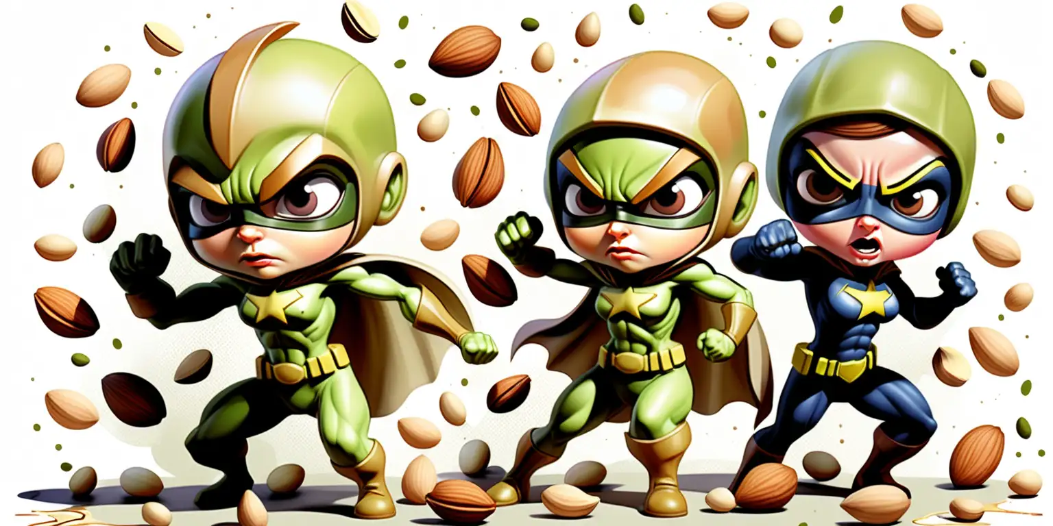 supheroes supernuts almond, walnut and pistachio, fighting crime, watercolor comic book look